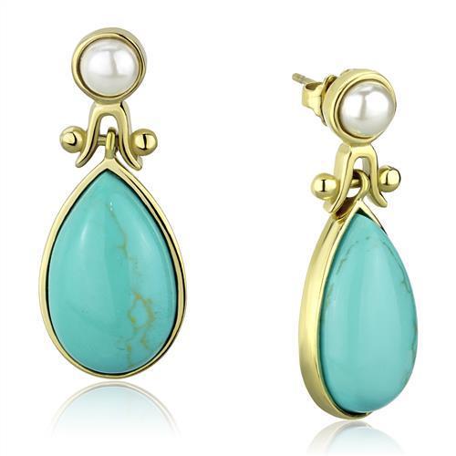 Elegant women earrings made of stainless steel with synthetic turquoise stones and IP gold plating.