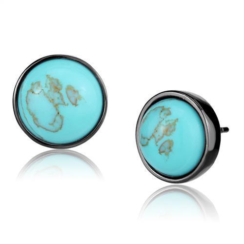 A pair of elegant women earrings made of stainless steel with synthetic turquoise stones in a vibrant sea blue color and light black IP finish.