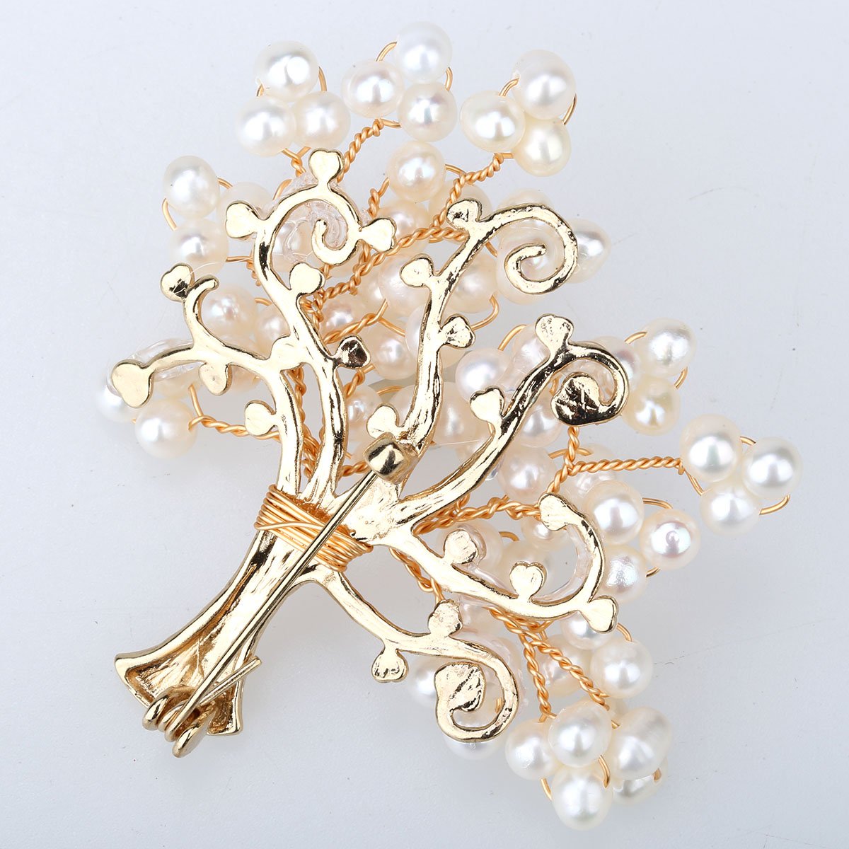 Handmade Women's Freshwater Pearl Tree of Life Pin Brooch featuring copper wire and elegant pearls, perfect for gifts.