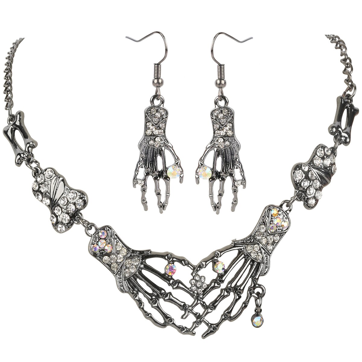 Women's Skeleton Hand Bone Skull Jewelry Set featuring an adjustable necklace and dangle earrings, perfect for Halloween parties.