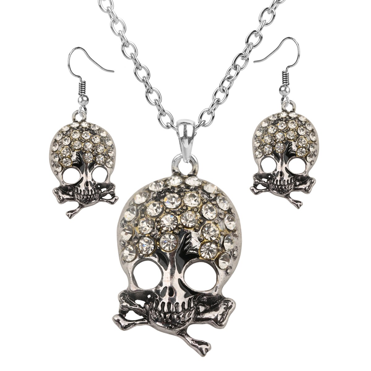 Women's Skull Cross Bone Jewelry Set featuring an adjustable necklace and dangle earrings with rhinestone embellishments, perfect for hip-hop and rock styles.