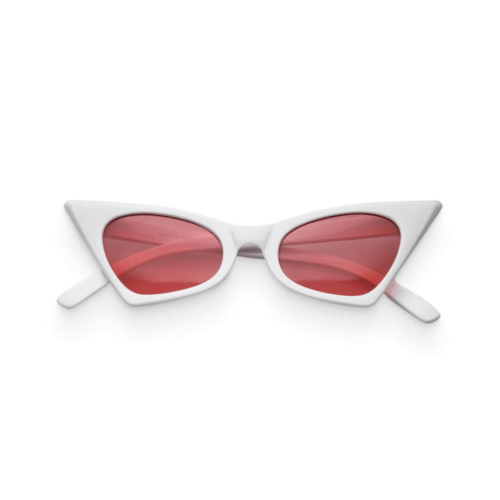 Women’s White & Hot Pink Retro Cat-Eye Sunglasses showcasing a stylish cat-eye design with vibrant colors.