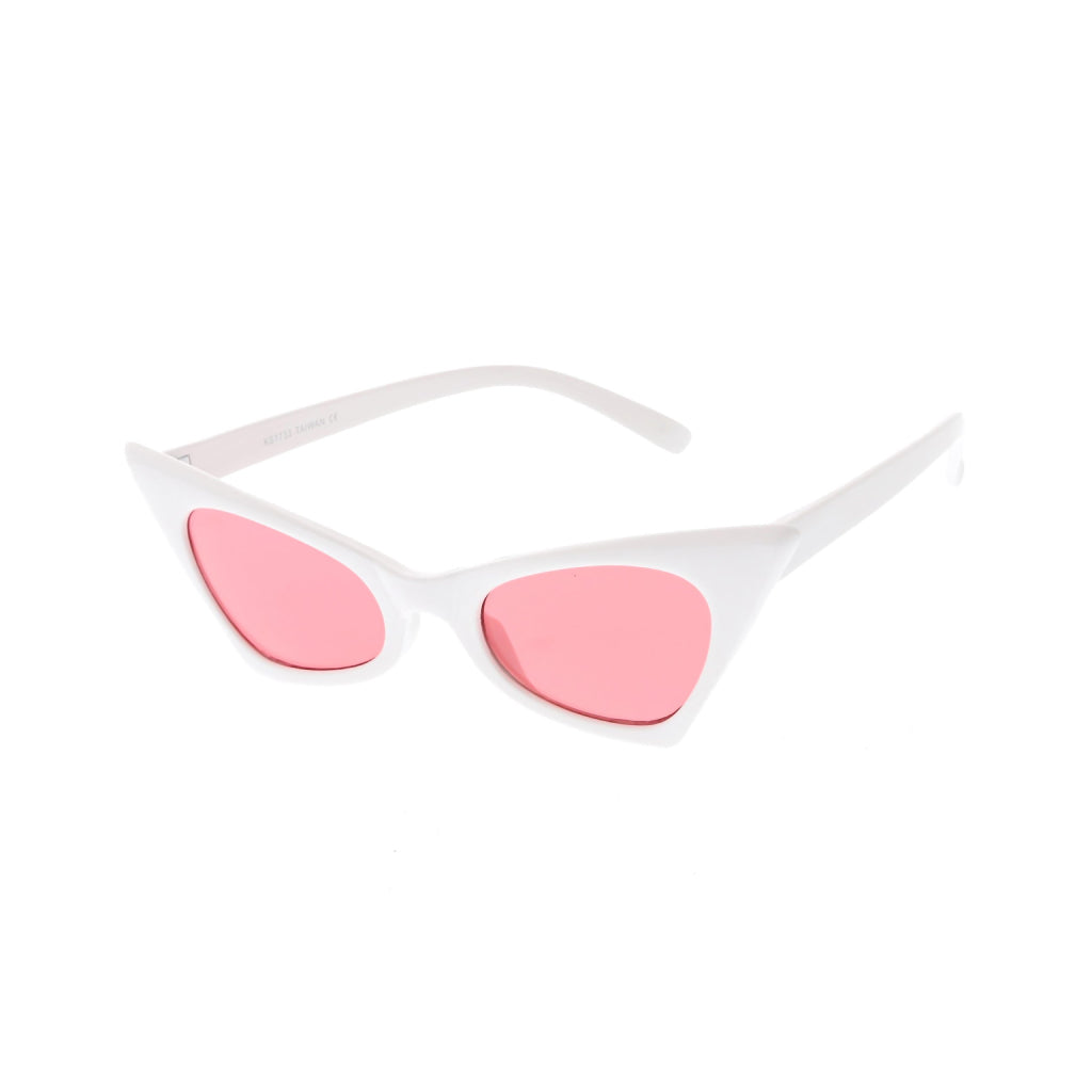 Women’s White & Hot Pink Retro Cat-Eye Sunglasses showcasing a stylish cat-eye design with vibrant colors.