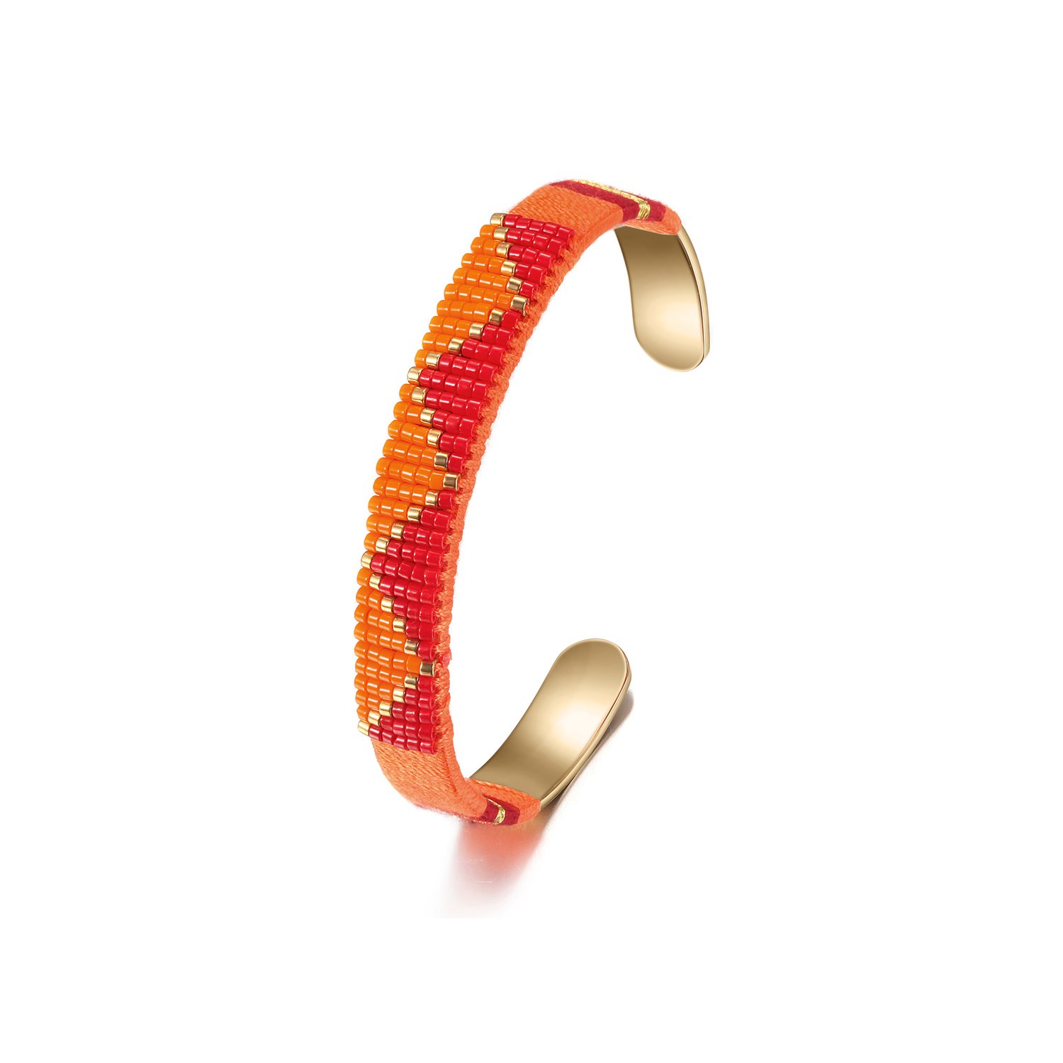 A stylish woven beaded bangle made from 316L surgical stainless steel with 14K gold PVD plating, showcasing intricate bead patterns.