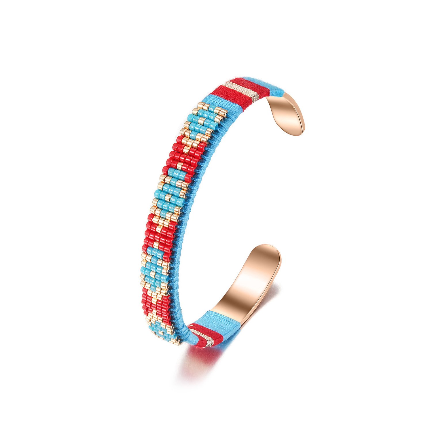 A stylish woven beaded bangle made from 316L surgical stainless steel with 14K gold PVD plating, showcasing intricate bead patterns.