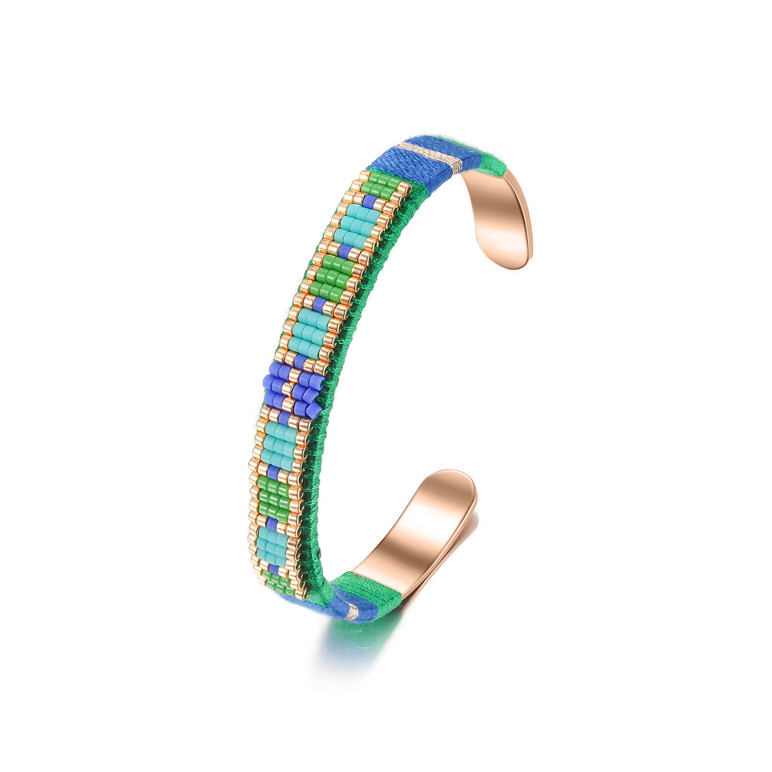 A stylish woven beaded bangle made from 316L surgical stainless steel with 14K gold PVD plating, showcasing intricate bead patterns.