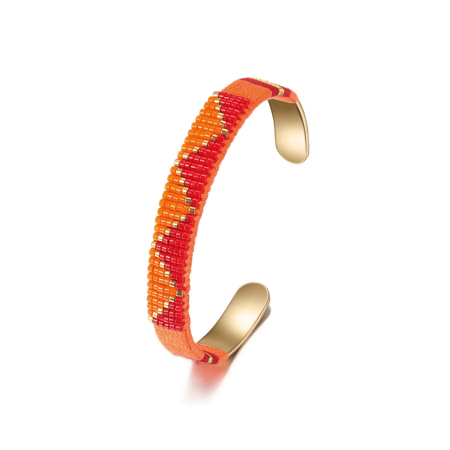 A stylish woven beaded bangle made from 316L surgical stainless steel with 14K gold PVD plating, showcasing intricate bead patterns.