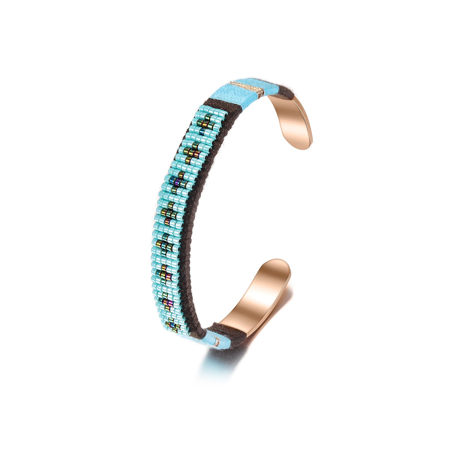 A stylish woven beaded bangle made from 316L surgical stainless steel with 14K gold PVD plating, showcasing intricate bead patterns.