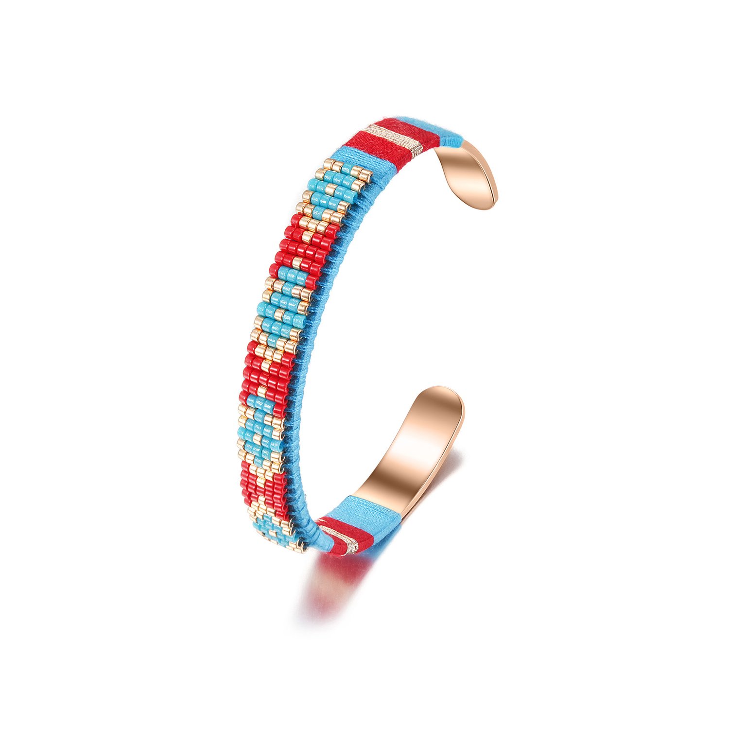 A stylish woven beaded bangle made from 316L surgical stainless steel with 14K gold PVD plating, showcasing intricate bead patterns.