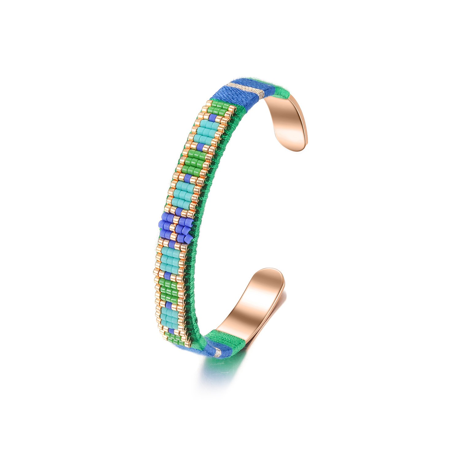 A stylish woven beaded bangle made from 316L surgical stainless steel with 14K gold PVD plating, showcasing intricate bead patterns.