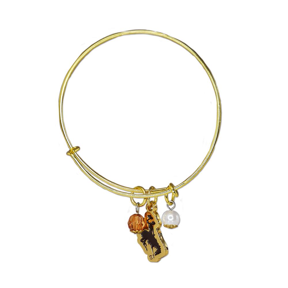 Adjustable Wyoming Bangle Bracelet featuring the Wyoming logo, brown rhinestone, and white imitation pearl charm.