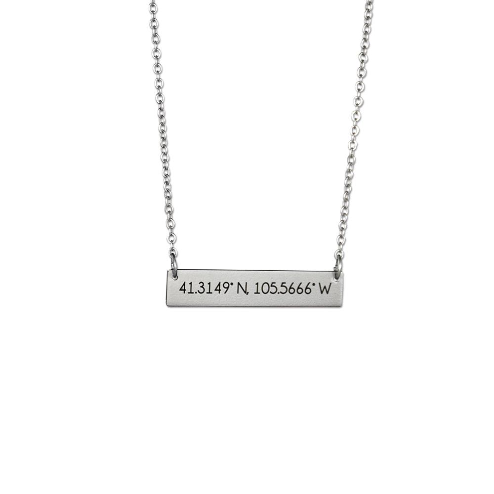 Stylish Wyoming Bar Necklace with brushed silver finish and adjustable chain.