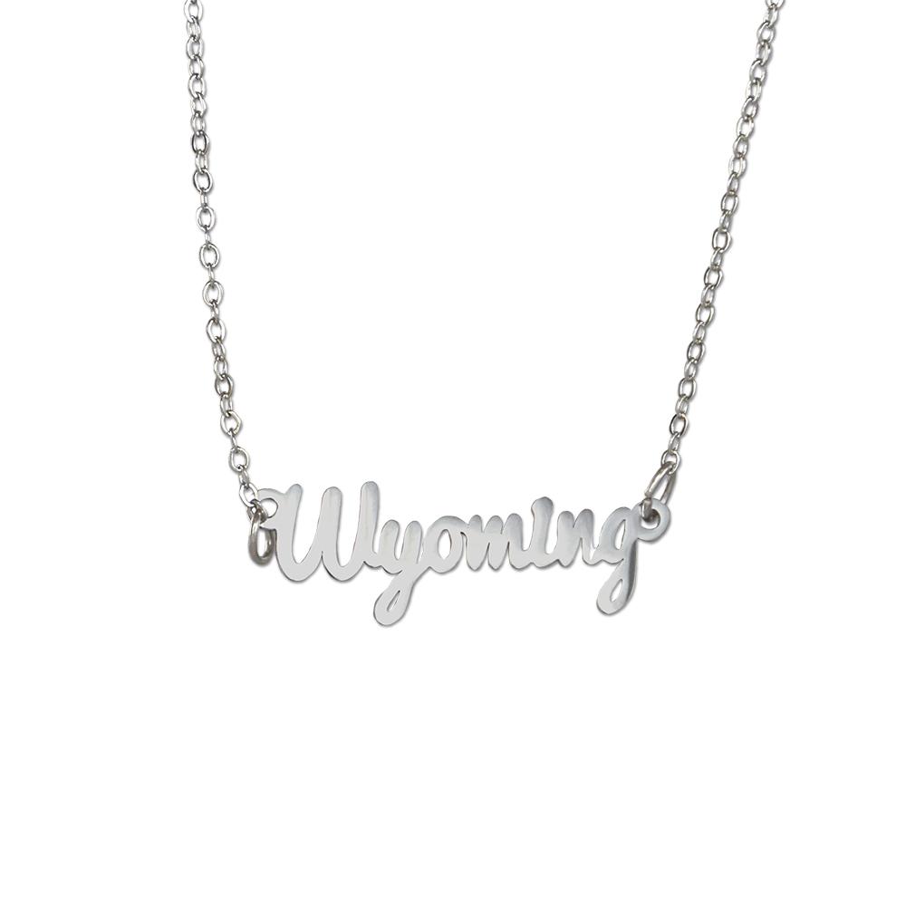 Gold finished Wyoming Script Necklace with adjustable chain, showcasing school spirit.