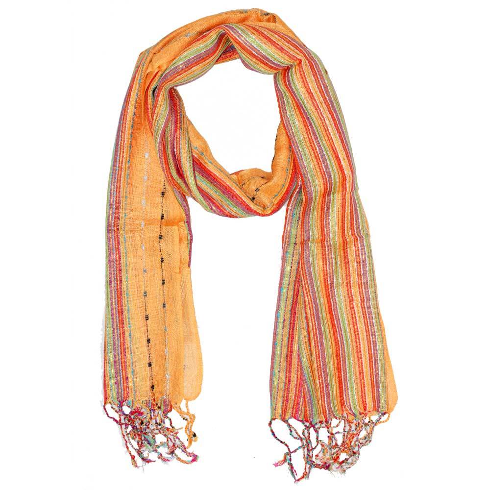 A vibrant yellow scarf with shimmering multi-color stripes and stylish tassels, perfect for adding elegance to any outfit.