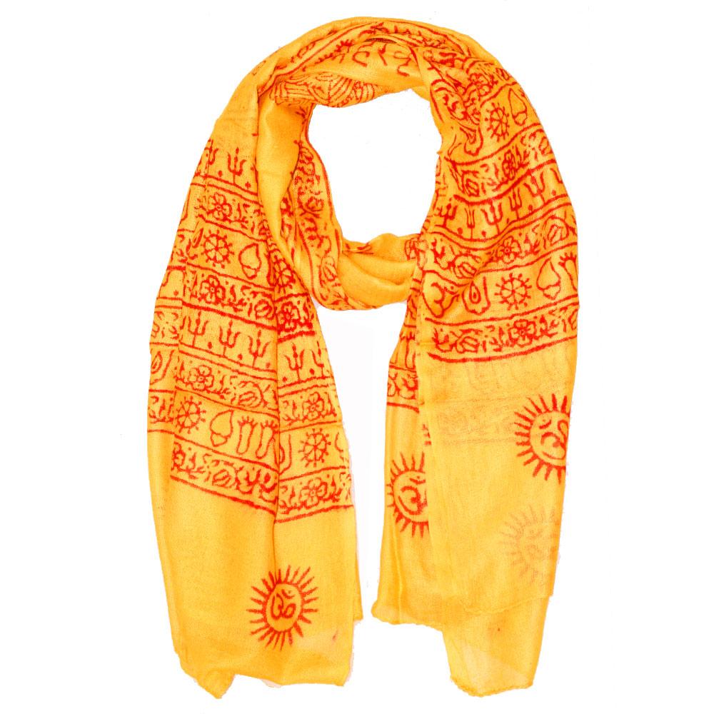 A vibrant yellow scarf featuring spiritual symbols including Om, Ganesha, tridents, and henna patterns, perfect for stylish wear.