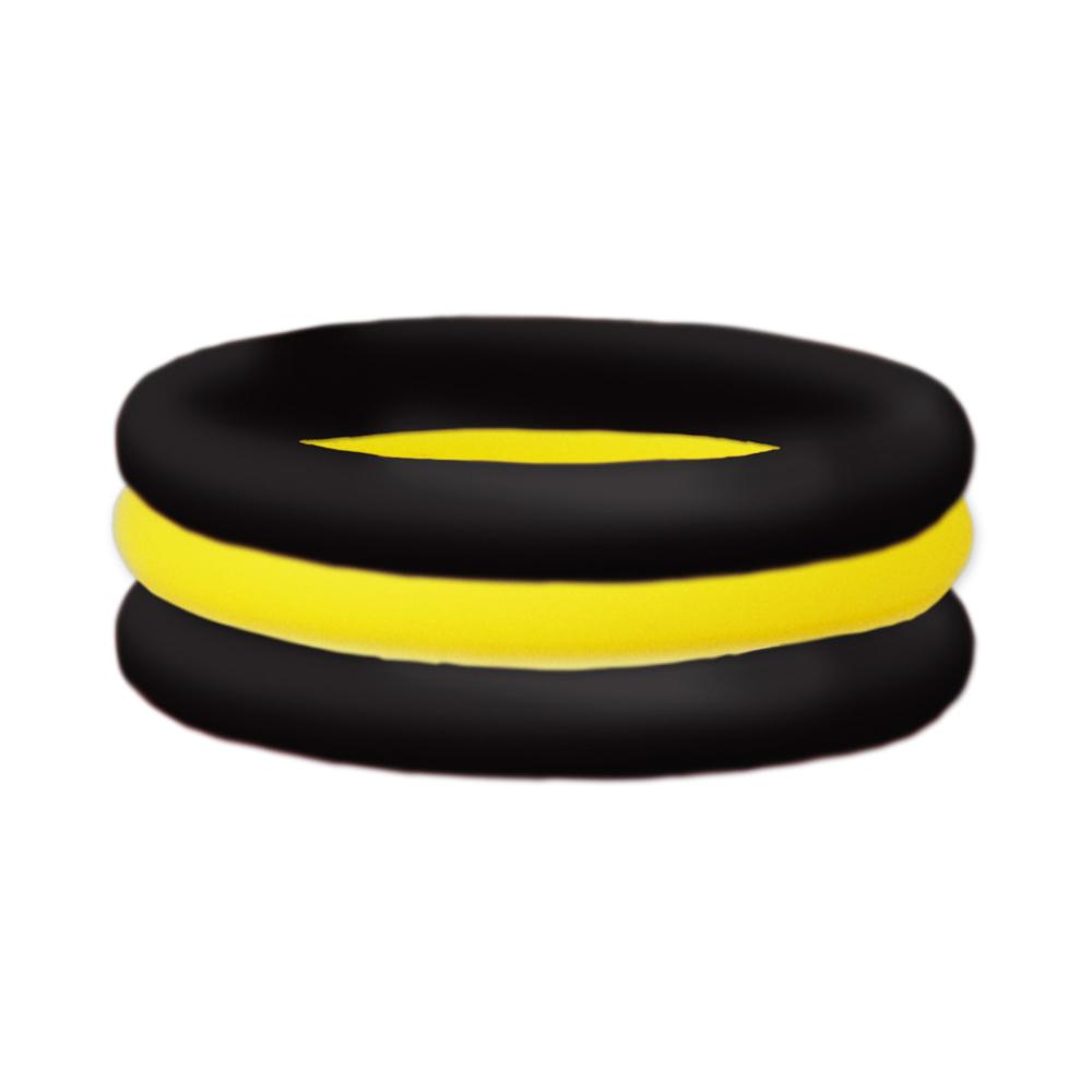 Yellow and black stackable silicone ring, 3mm height, available in multiple sizes.