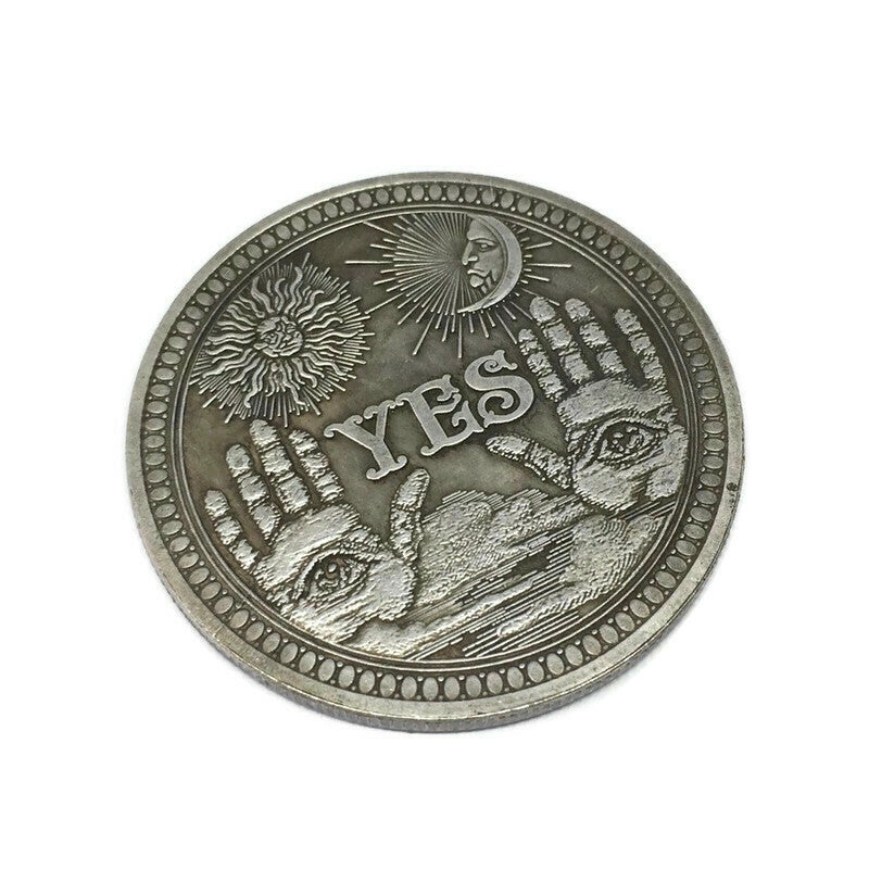 A shiny steel alloy Yes / No Mystic Fortune Coin, measuring 3.8 x 3.8cm, featuring clear 'Yes' and 'No' inscriptions on each side.