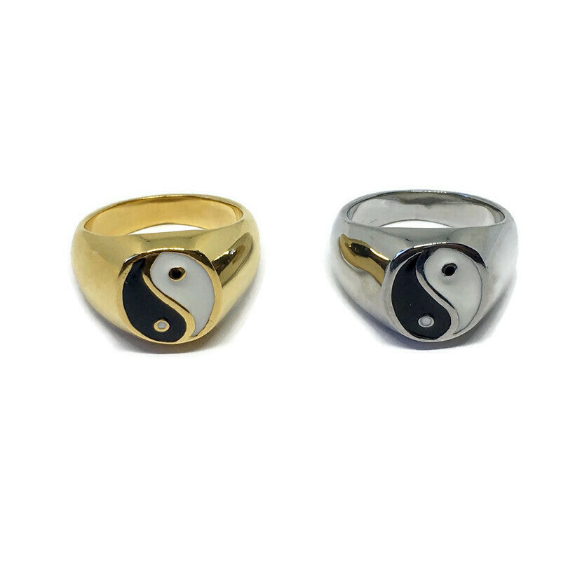 Yin Yang Steel Signet Ring made of stainless steel, featuring a unique design symbolizing balance and harmony, available in various sizes and colors.