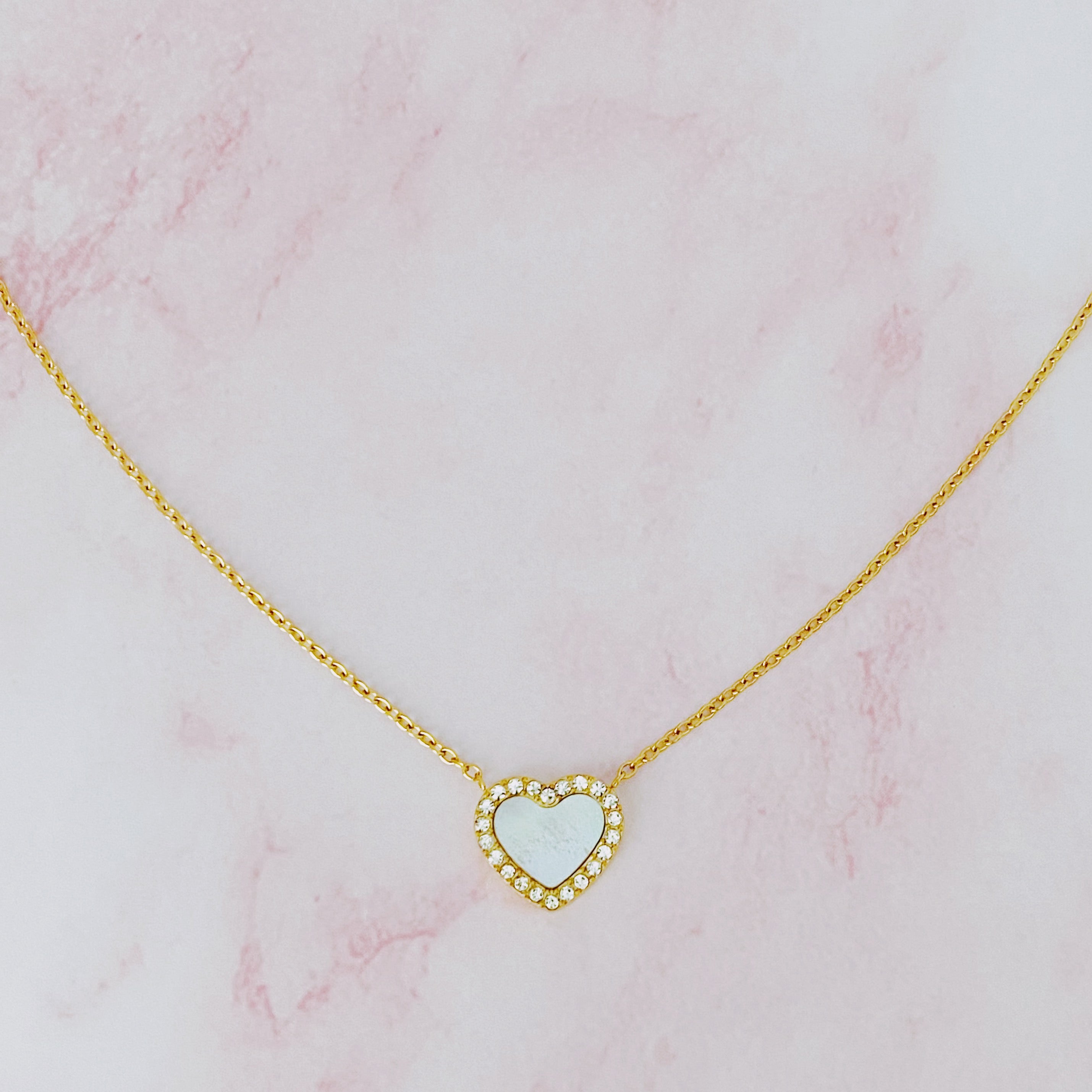 You Are My Love Heart Necklace featuring a heart-shaped pendant with mother of pearl and sparkling cubic zirconia stones.