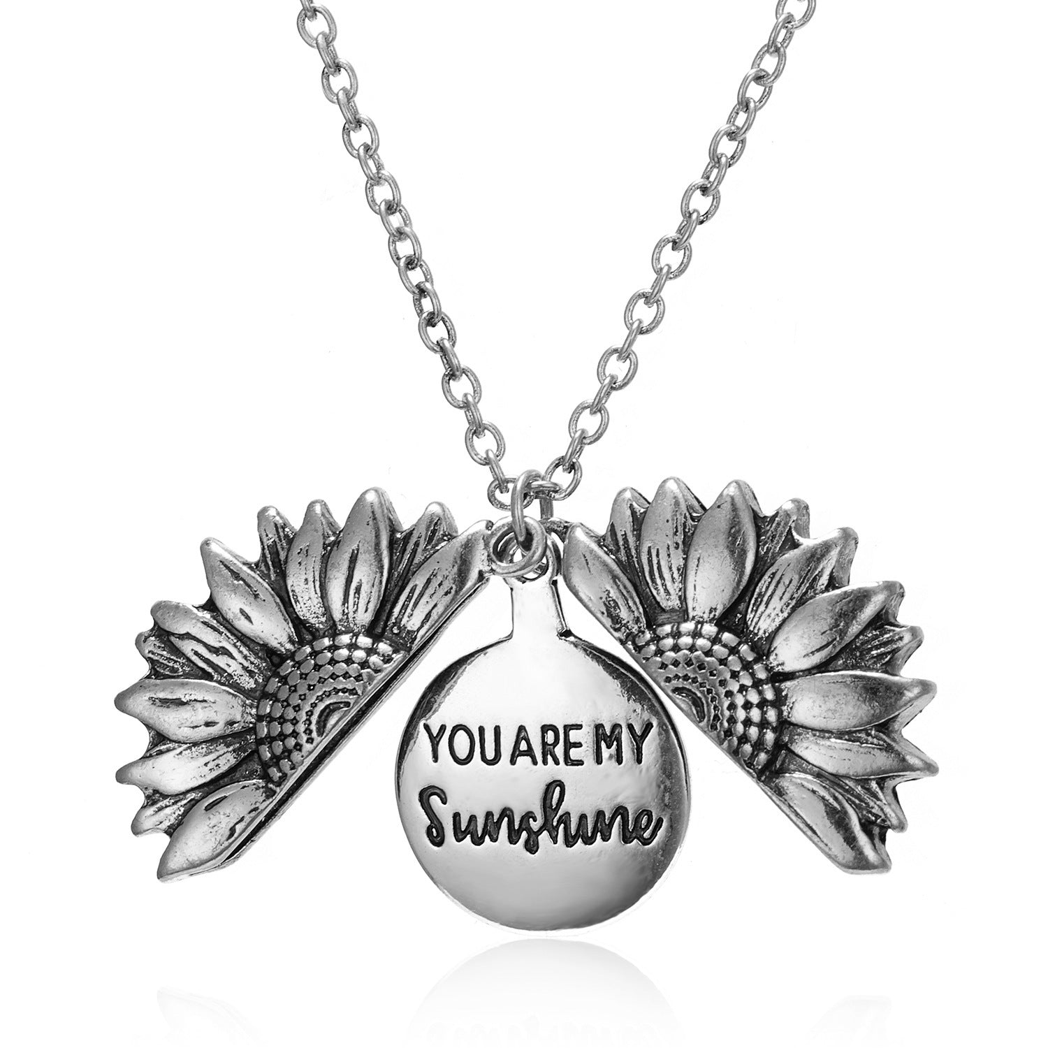 You Are My Sunshine Open Sunflower Necklace featuring a delicate sunflower pendant in 14K gold plating on an 18.50-inch chain.