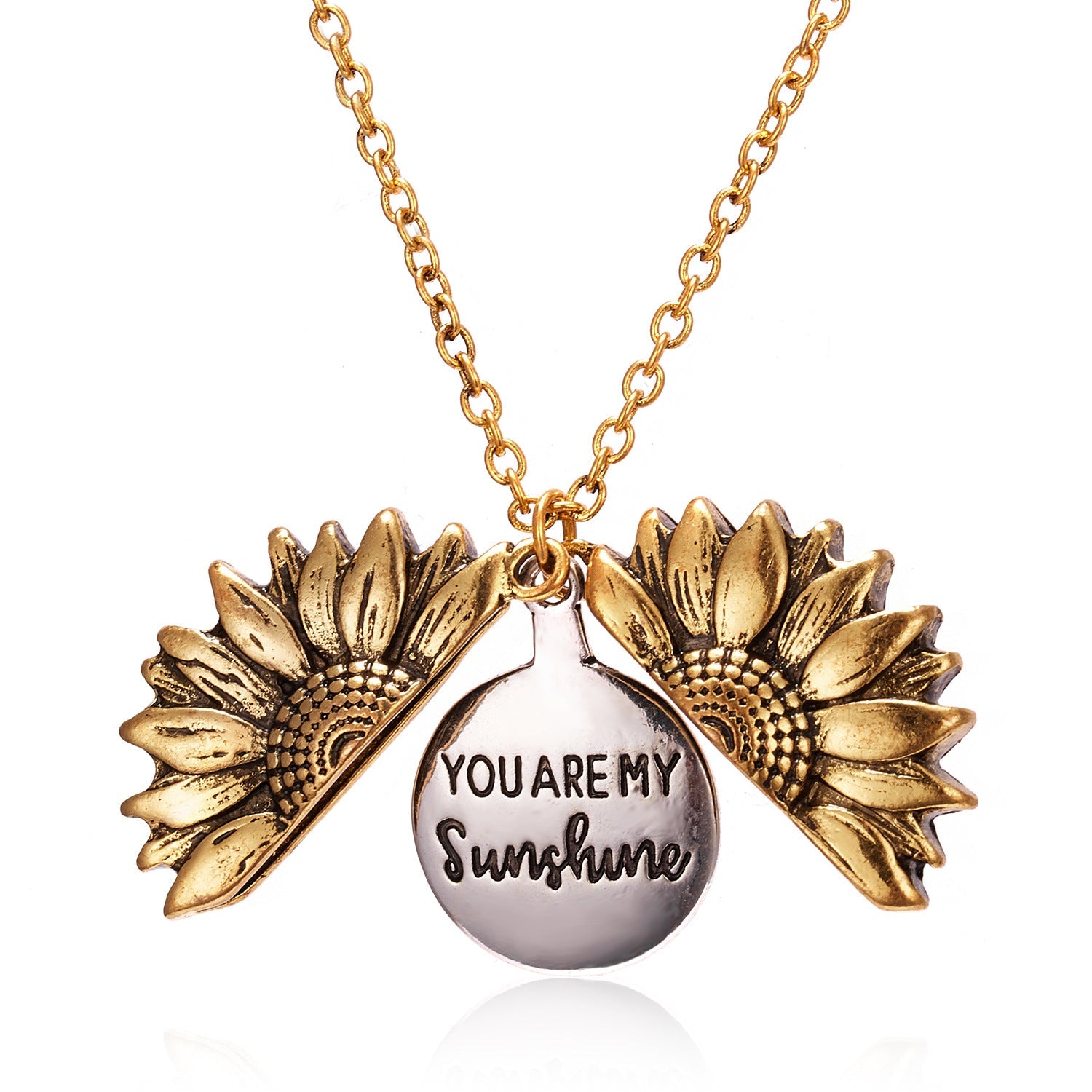 You Are My Sunshine Open Sunflower Necklace featuring a delicate sunflower pendant in 14K gold plating on an 18.50-inch chain.