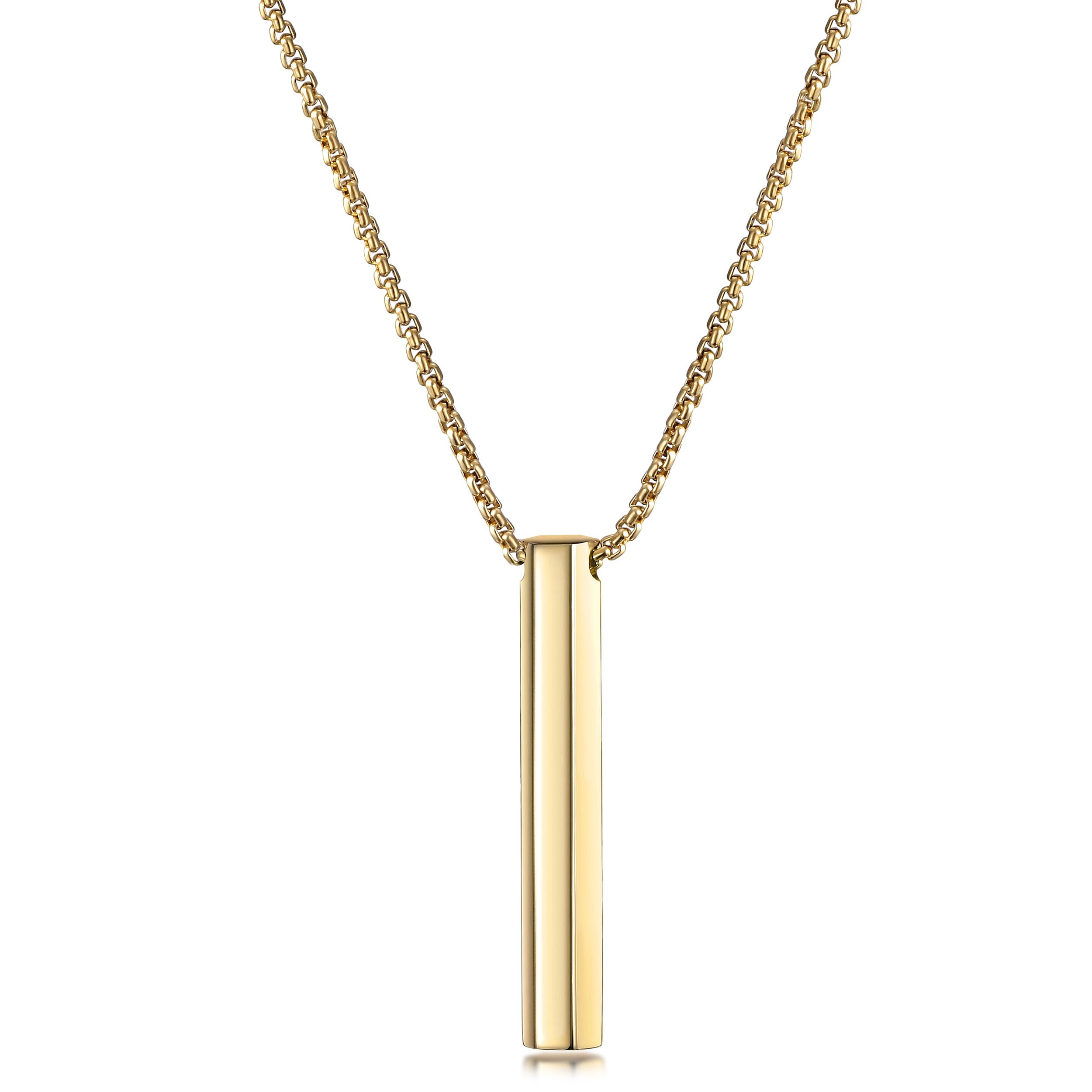 Y-Style Vertical Bar Necklace made of 316L surgical stainless steel with 14K gold PVD plating, showcasing its elegant design.