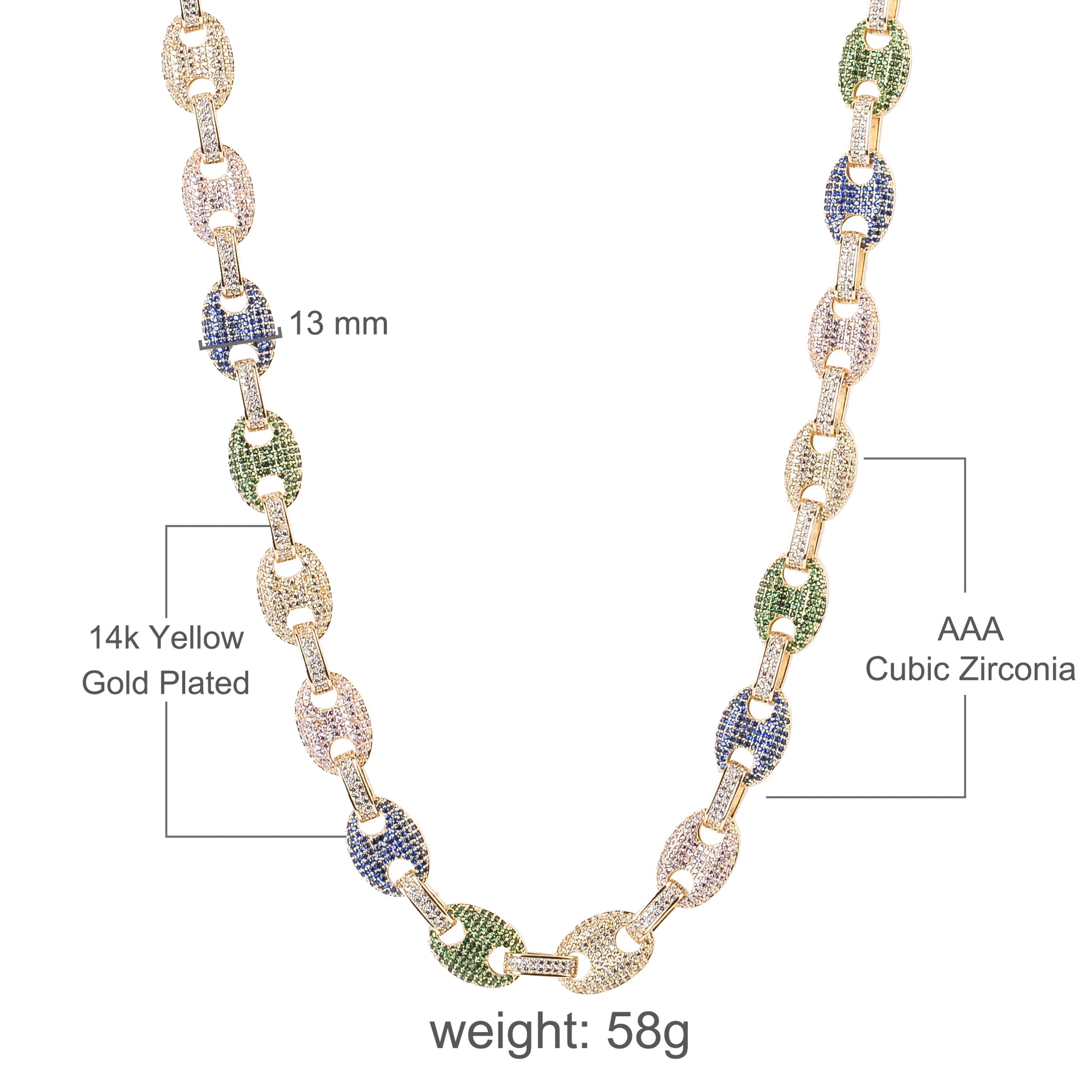 ZEPHYR Puff Chain featuring interlinked solid copper links and cubic zircon stones, showcasing a bold and elegant design.