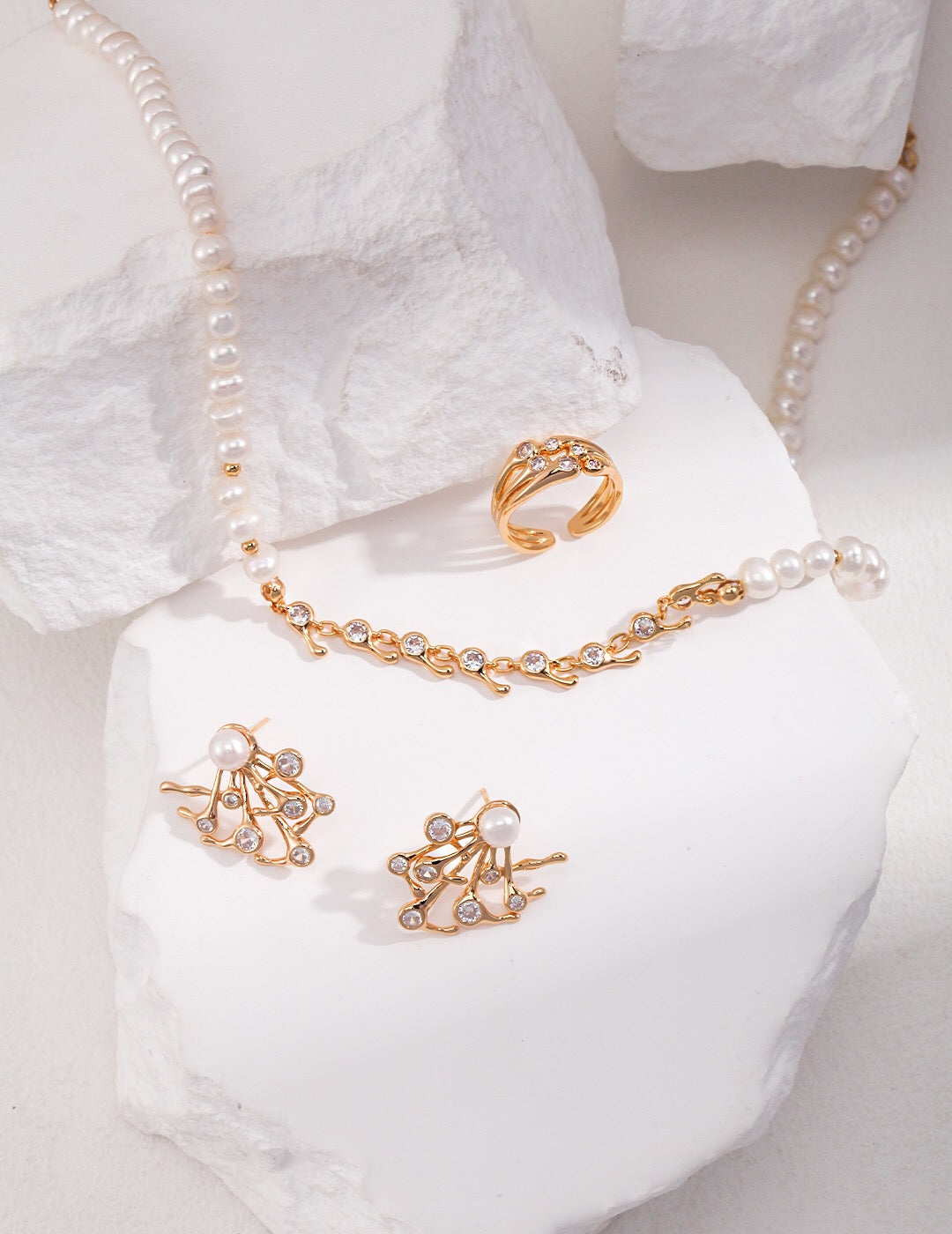 Elegant Zircon Chain Splice Natural Pearl Necklace featuring natural pearls, zircon stones, and gold vermeil accents, displayed on a soft background.