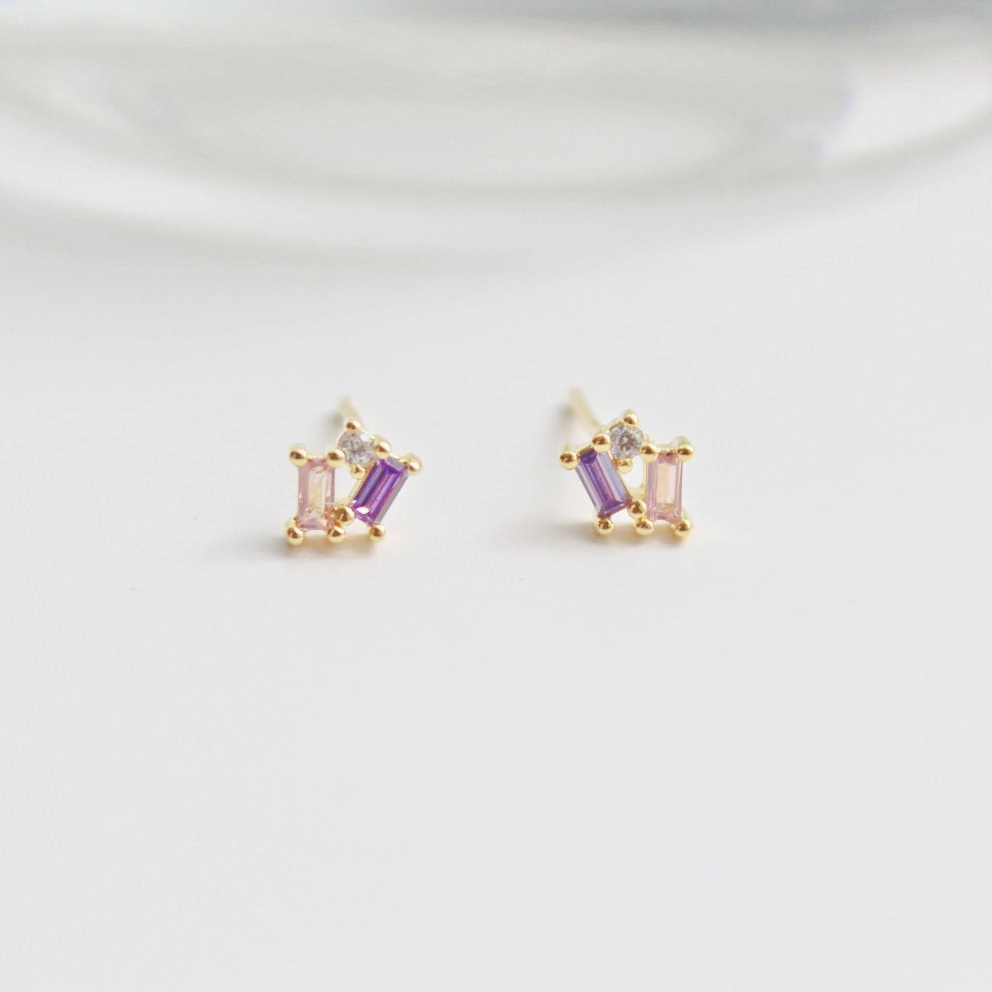 Zircon Mini Geometry Stud Earrings featuring a rectangle and circle design, crafted from gold-plated sterling silver with sparkling zircon stones.