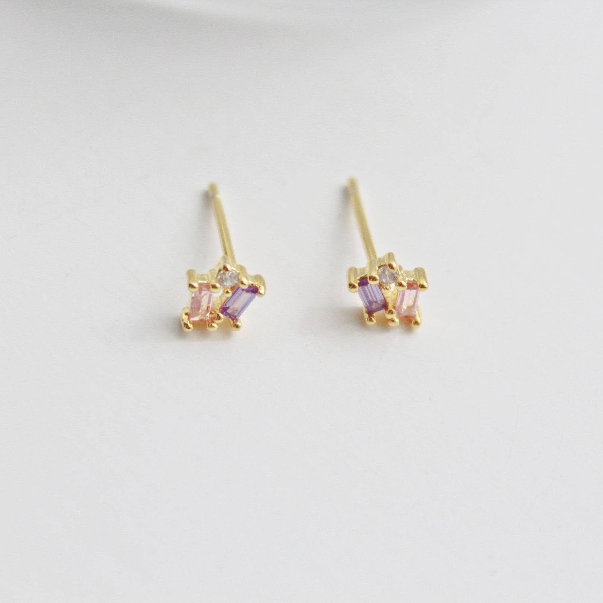 Zircon Mini Geometry Stud Earrings featuring a rectangle and circle design, crafted from gold-plated sterling silver with sparkling zircon stones.