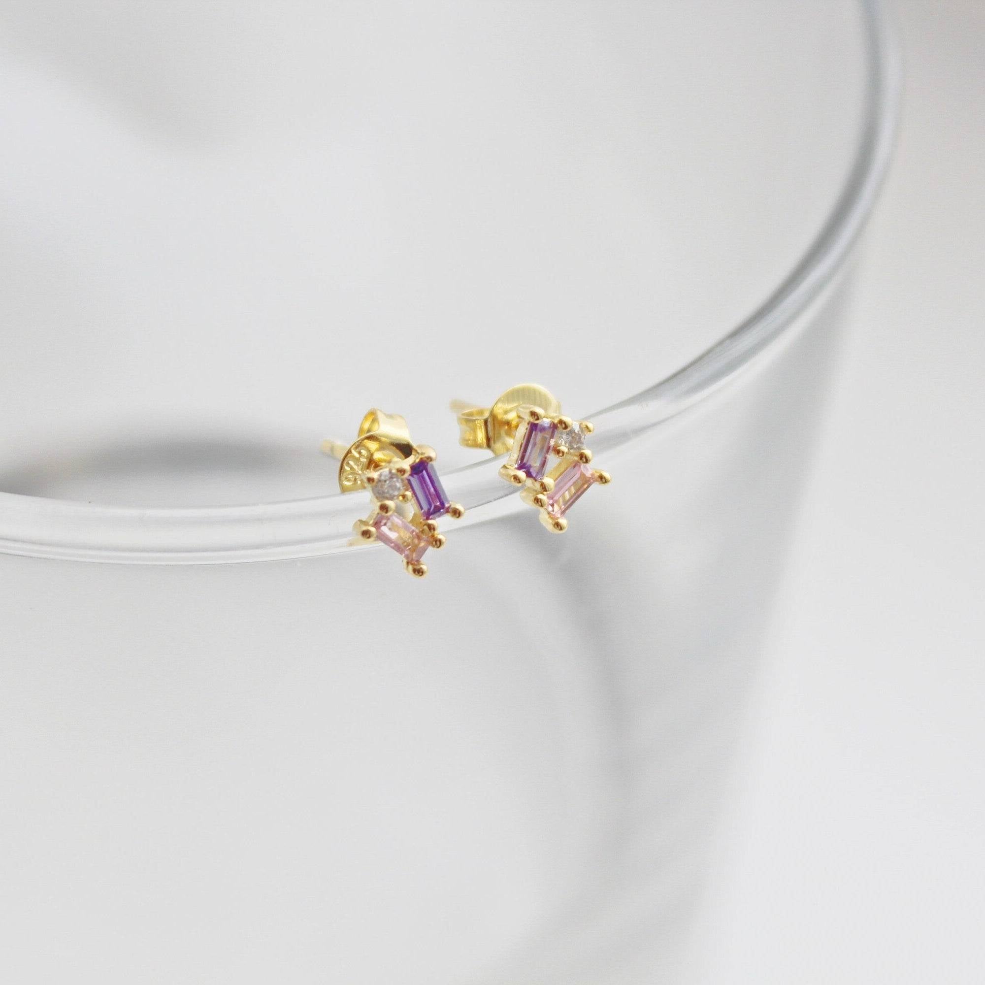 Zircon Mini Geometry Stud Earrings featuring a rectangle and circle design, crafted from gold-plated sterling silver with sparkling zircon stones.