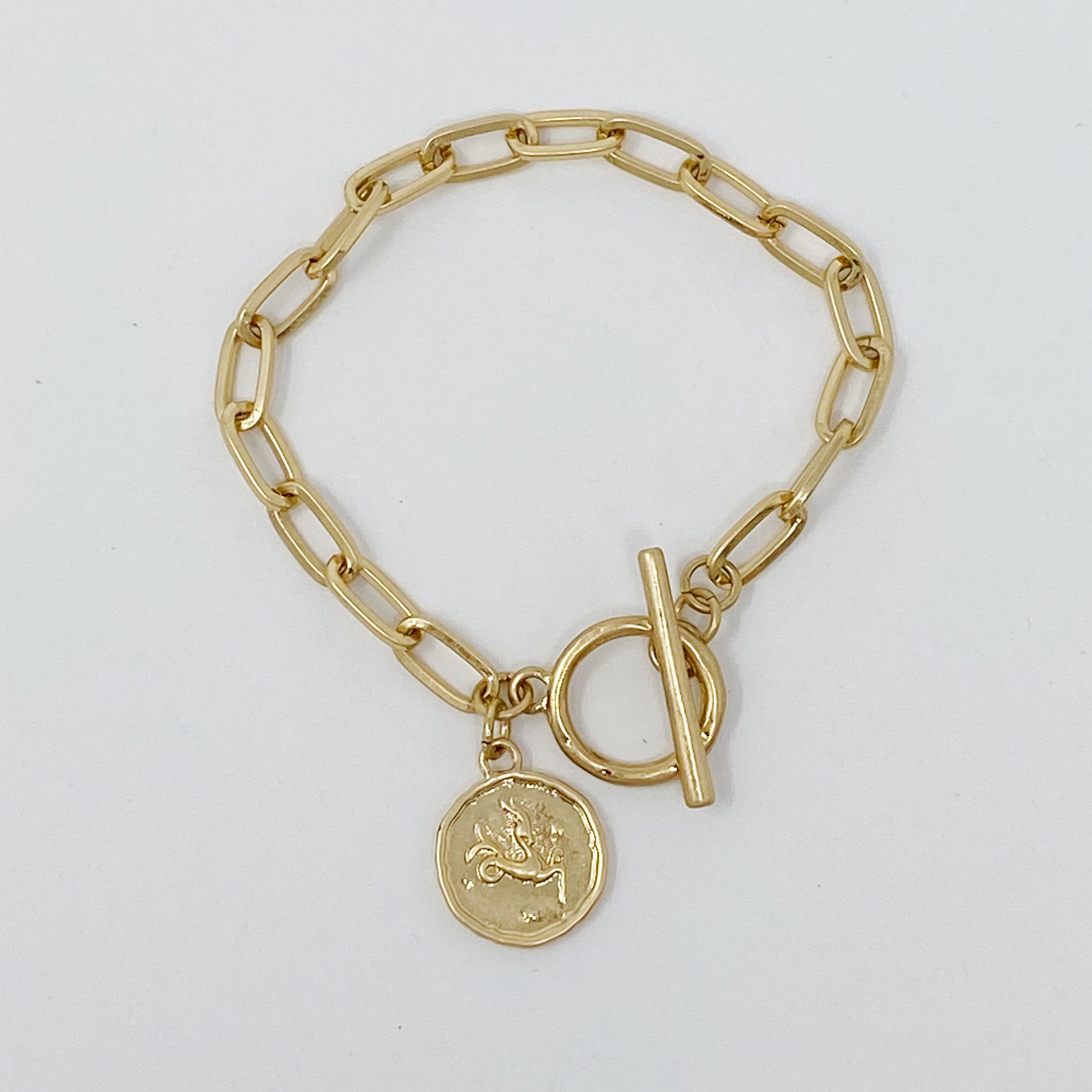 Zodiac Charm Chain Bracelet featuring a gold dipped brass link chain and a zodiac sign charm.