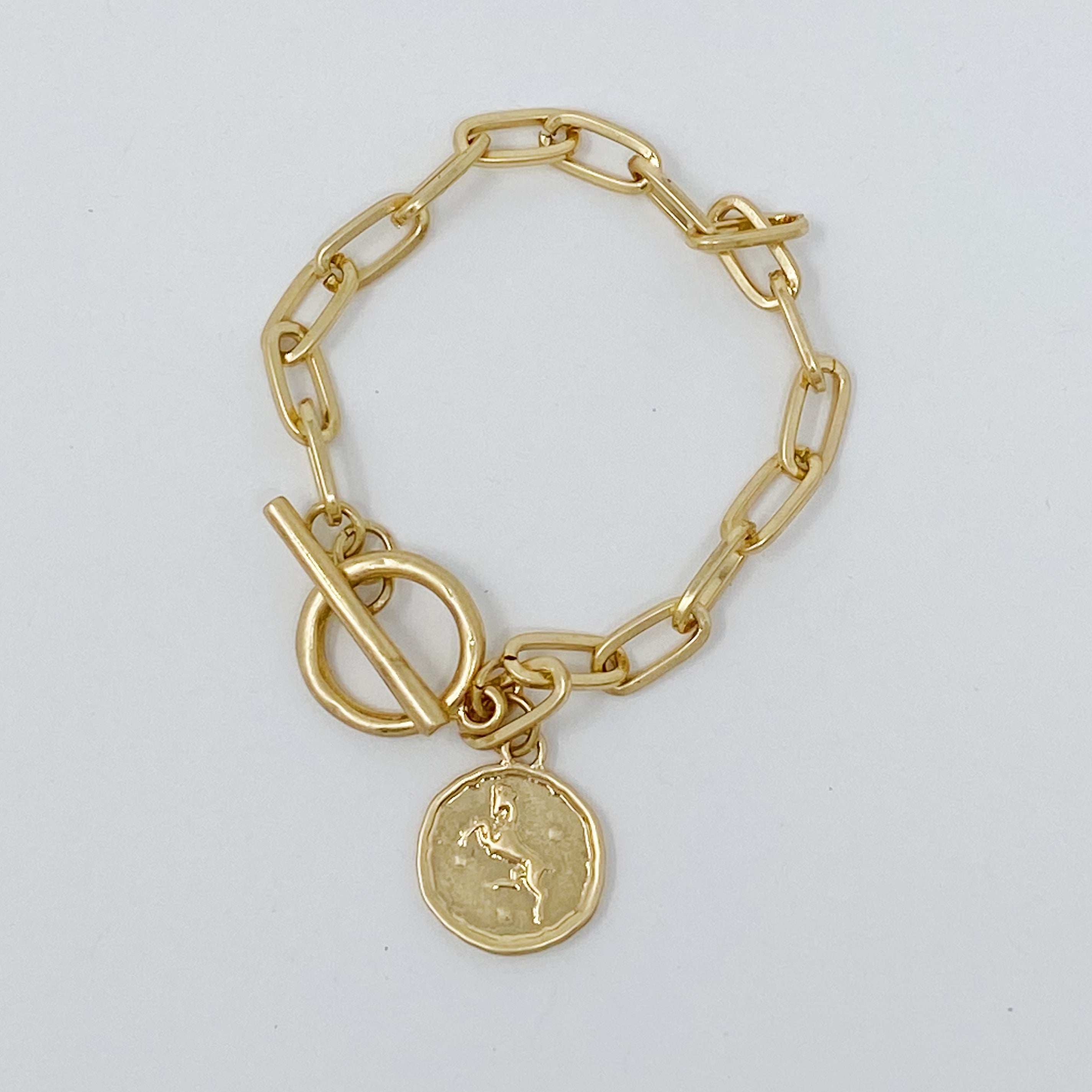 Zodiac Charm Chain Bracelet featuring a gold dipped brass link chain and a zodiac sign charm.