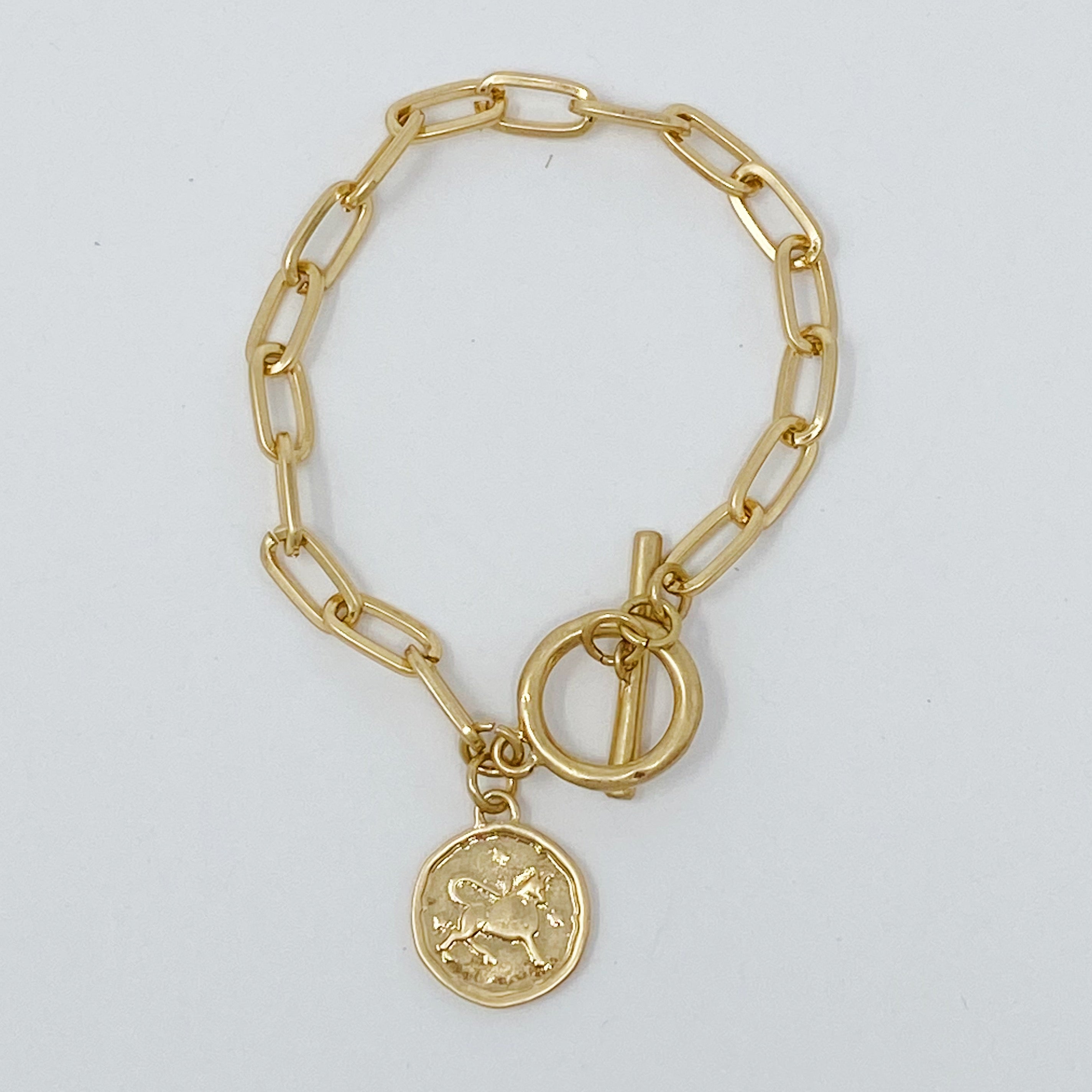 Zodiac Charm Chain Bracelet featuring a gold dipped brass link chain and a zodiac sign charm.