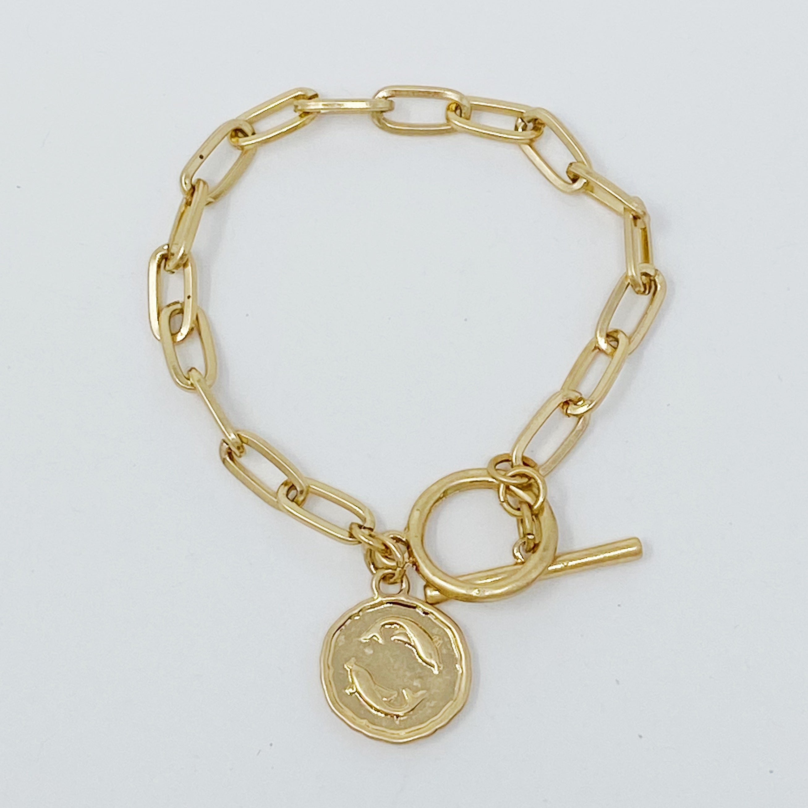 Zodiac Charm Chain Bracelet featuring a gold dipped brass link chain and a zodiac sign charm.