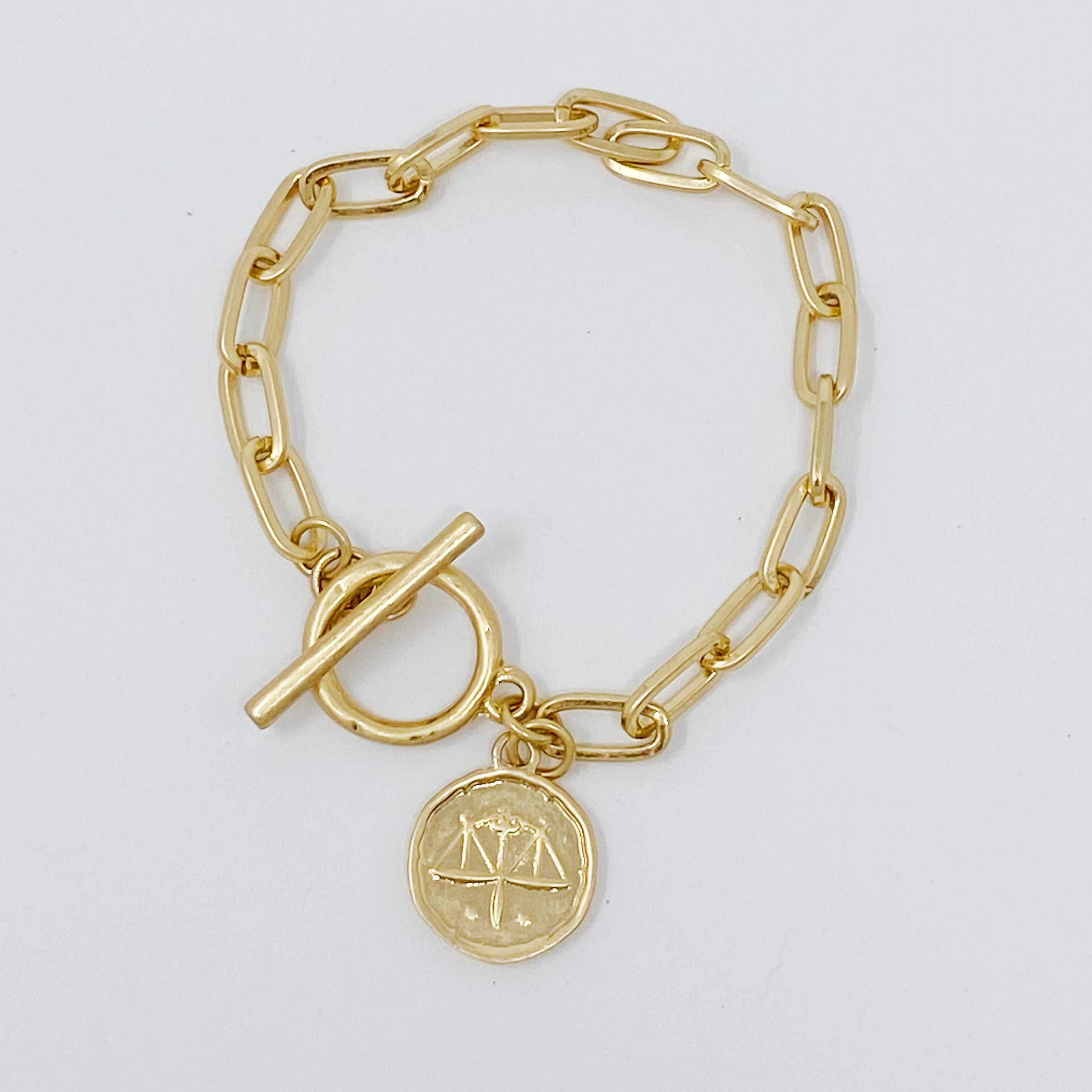 Zodiac Charm Chain Bracelet featuring a gold dipped brass link chain and a zodiac sign charm.