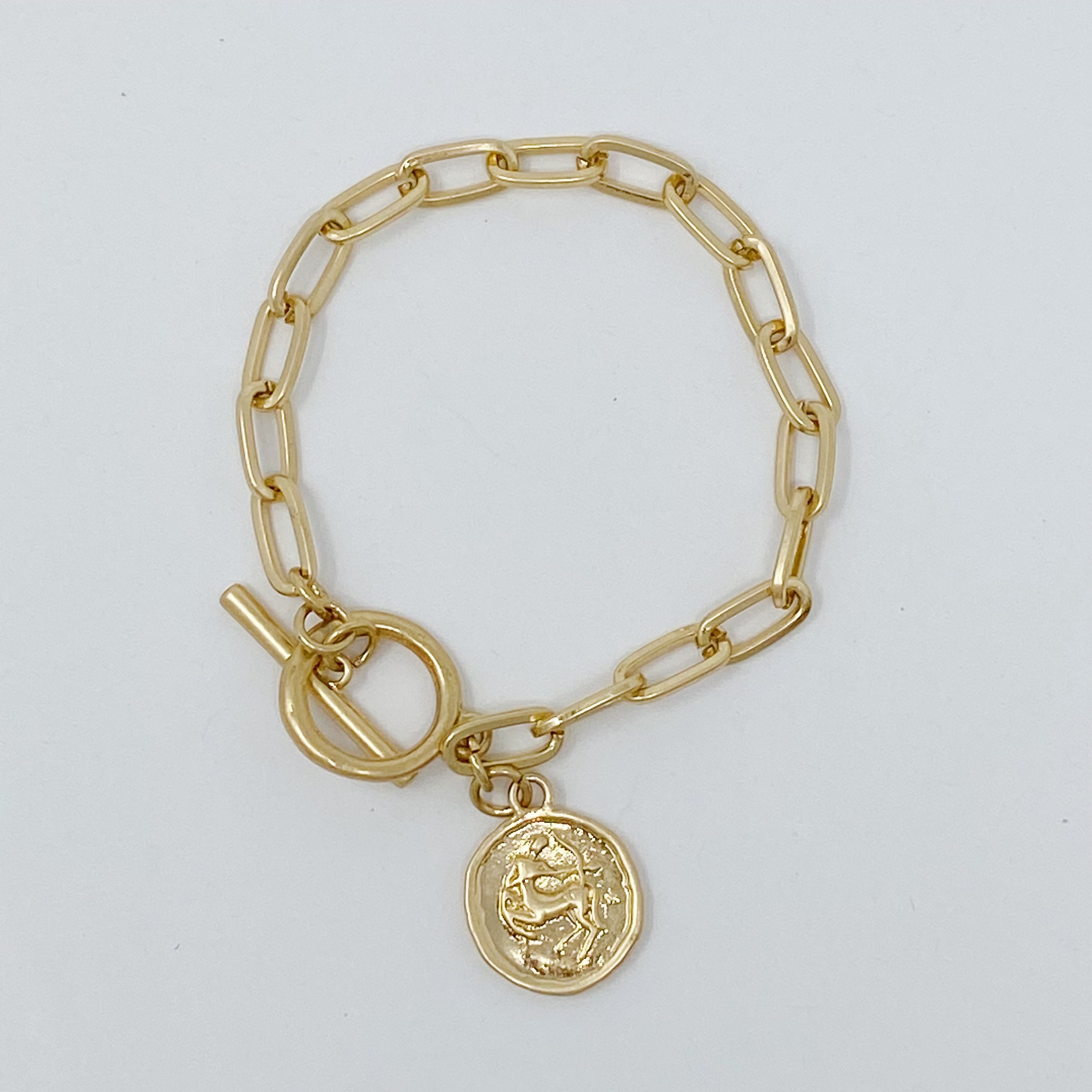 Zodiac Charm Chain Bracelet featuring a gold dipped brass link chain and a zodiac sign charm.