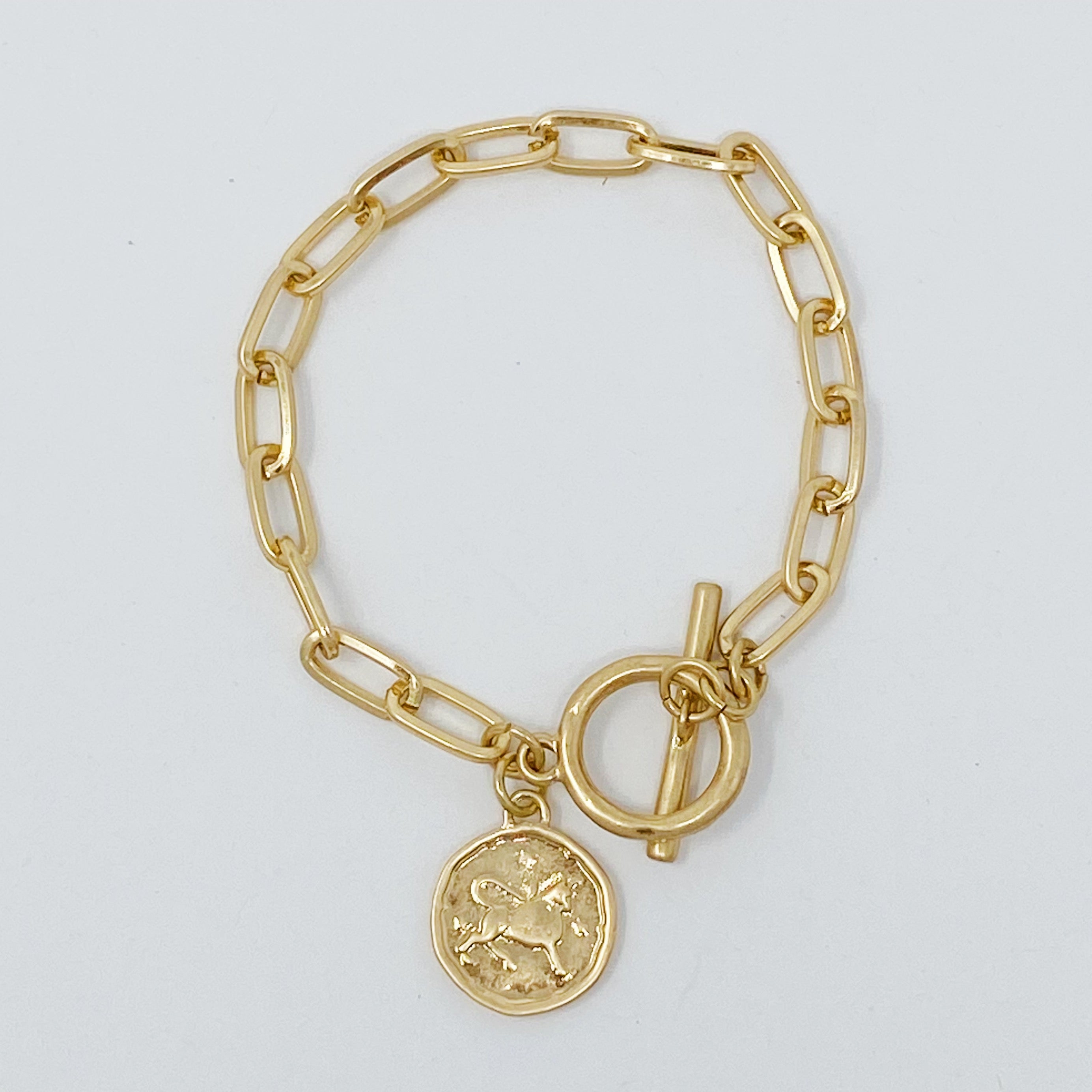 Zodiac Charm Chain Bracelet featuring a gold dipped brass link chain and a zodiac sign charm.