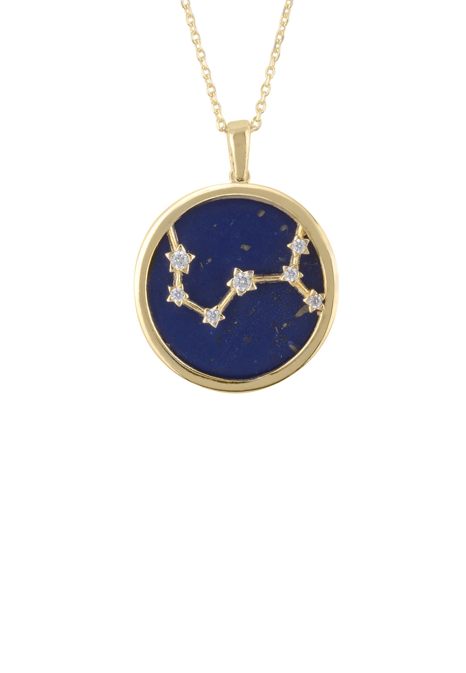 Zodiac Lapis Lazuli Gemstone Star Constellation Pendant Necklace in gold, featuring a dark blue lapis lazuli stone and sparkling cubic zirconia.