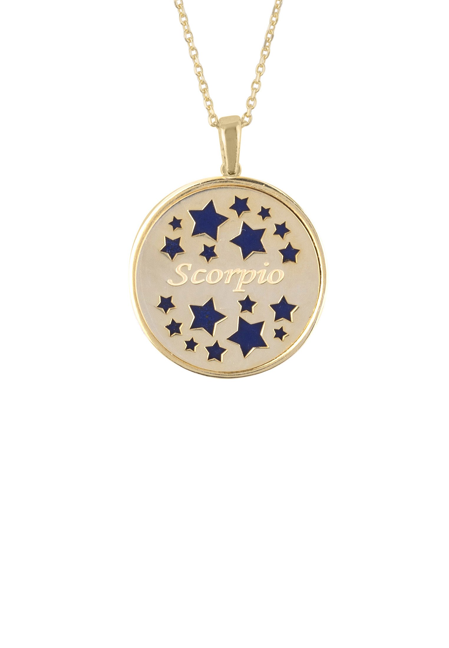 Zodiac Lapis Lazuli Gemstone Star Constellation Pendant Necklace in gold, featuring a dark blue lapis lazuli stone and sparkling cubic zirconia.