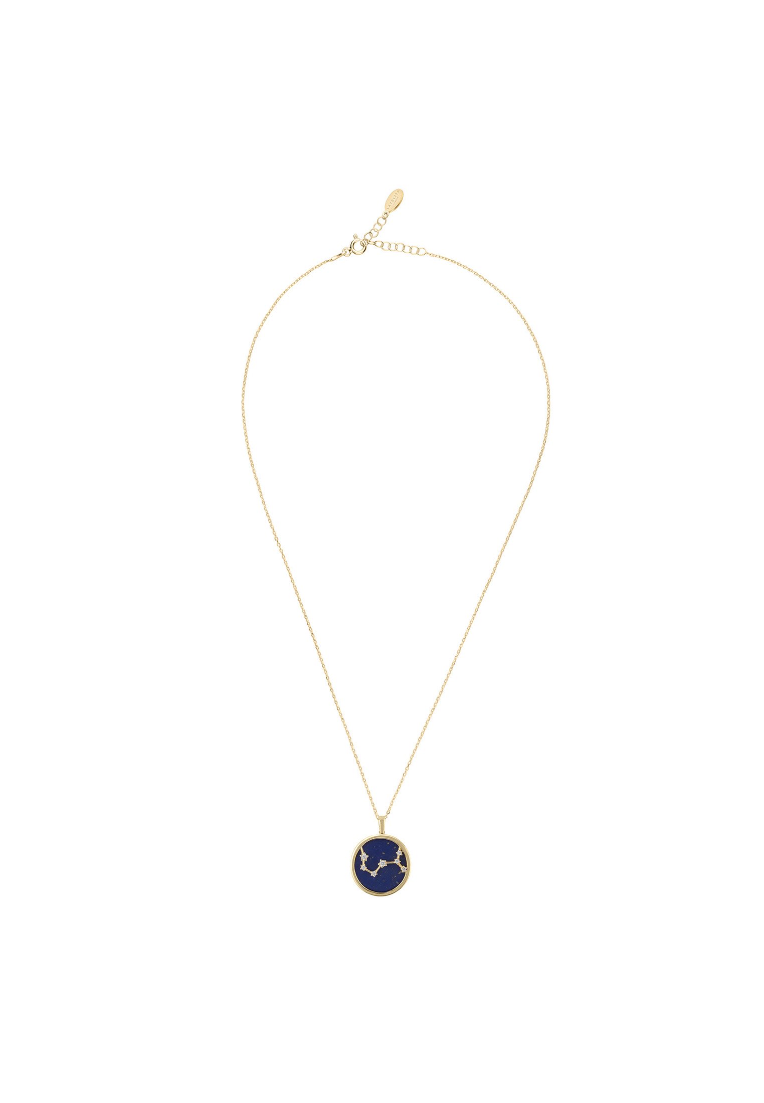 Zodiac Lapis Lazuli Gemstone Star Constellation Pendant Necklace in gold, featuring a dark blue lapis lazuli stone and sparkling cubic zirconia.