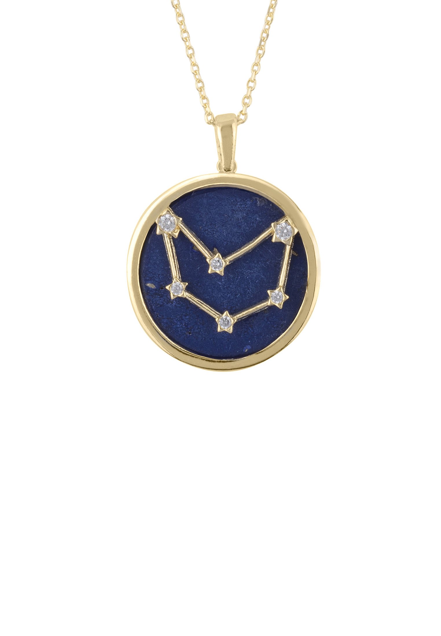 Zodiac Lapis Lazuli Gemstone Star Constellation Pendant Necklace in gold, featuring a dark blue lapis lazuli stone and sparkling cubic zirconia.