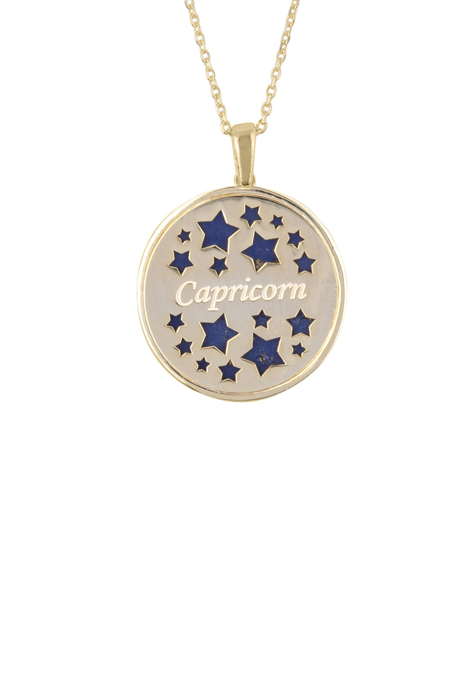 Zodiac Lapis Lazuli Gemstone Star Constellation Pendant Necklace in gold, featuring a dark blue lapis lazuli stone and sparkling cubic zirconia.