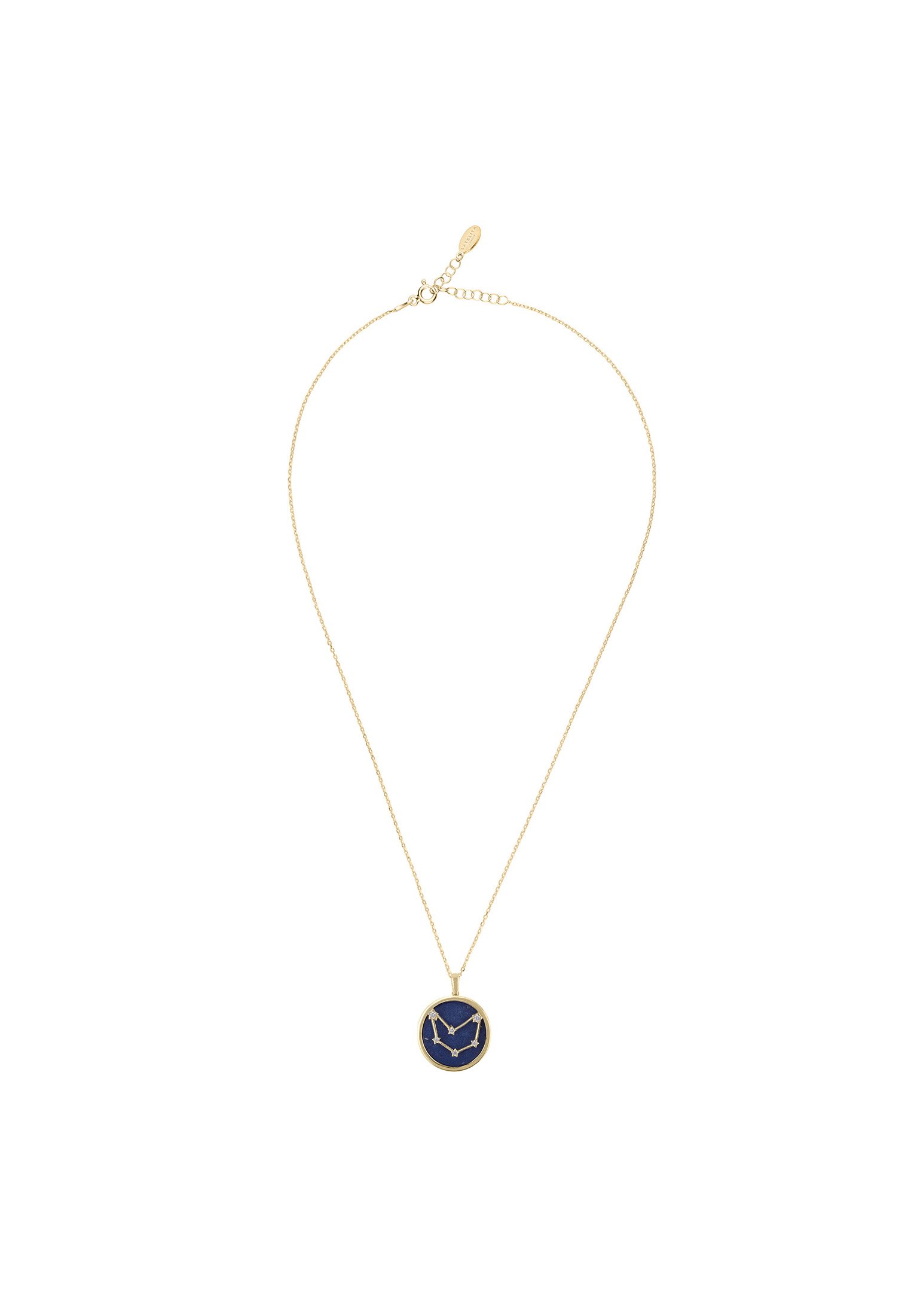 Zodiac Lapis Lazuli Gemstone Star Constellation Pendant Necklace in gold, featuring a dark blue lapis lazuli stone and sparkling cubic zirconia.