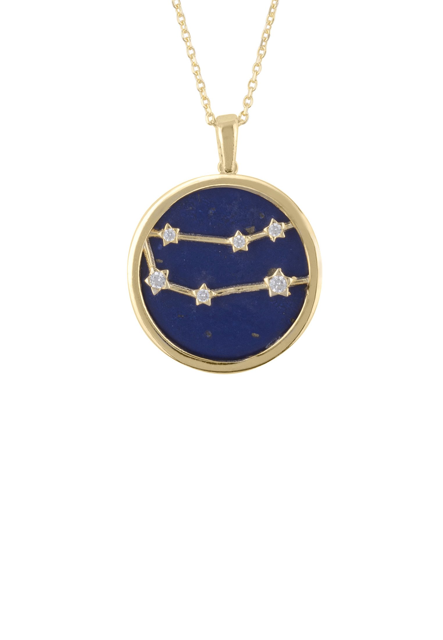 Zodiac Lapis Lazuli Gemstone Star Constellation Pendant Necklace in gold, featuring a blue lapis lazuli stone and sparkling cubic zirconia.