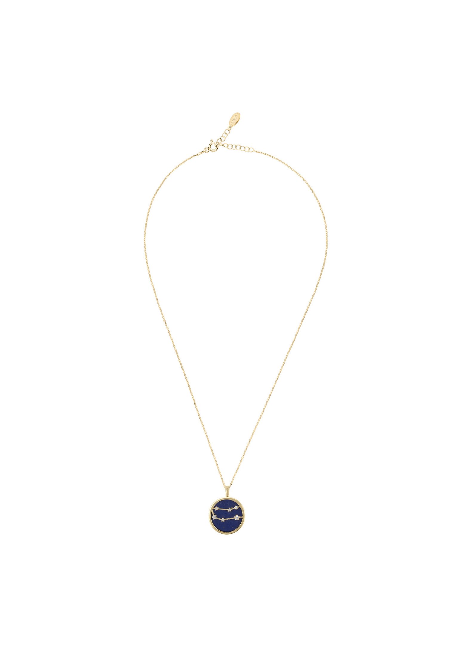 Zodiac Lapis Lazuli Gemstone Star Constellation Pendant Necklace in gold, featuring a blue lapis lazuli stone and sparkling cubic zirconia.