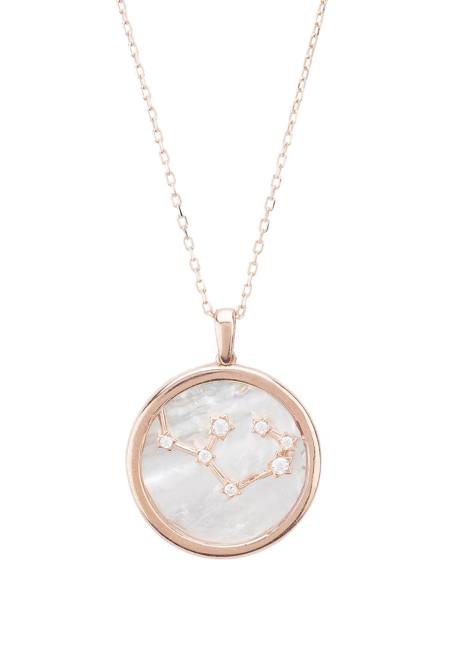 Zodiac Mother Of Pearl Pendant Necklace featuring a Sagittarius constellation design with sparkling cubic zirconia accents in rose gold dipped sterling silver.