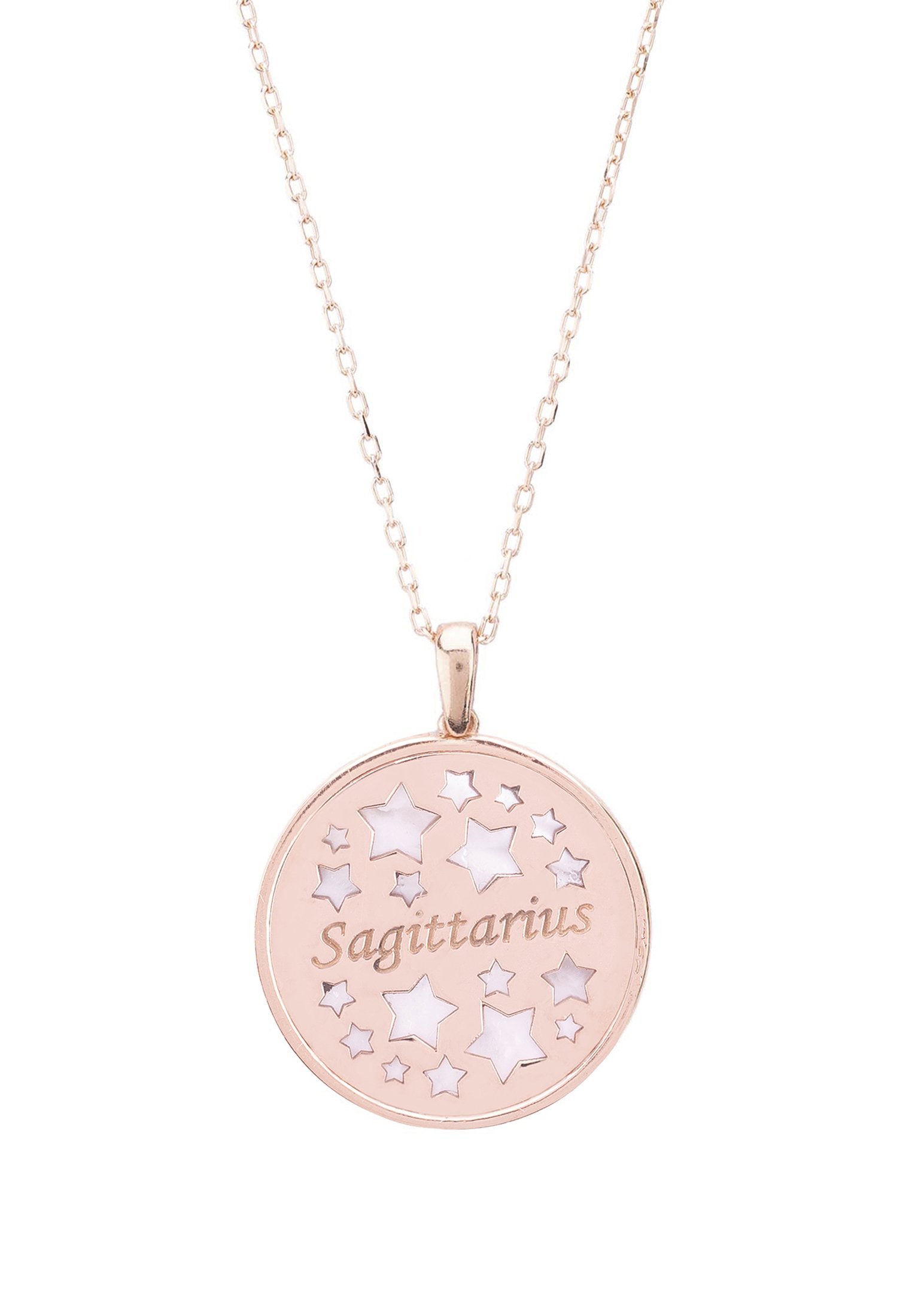 Zodiac Mother Of Pearl Pendant Necklace featuring a Sagittarius constellation design with sparkling cubic zirconia accents in rose gold dipped sterling silver.