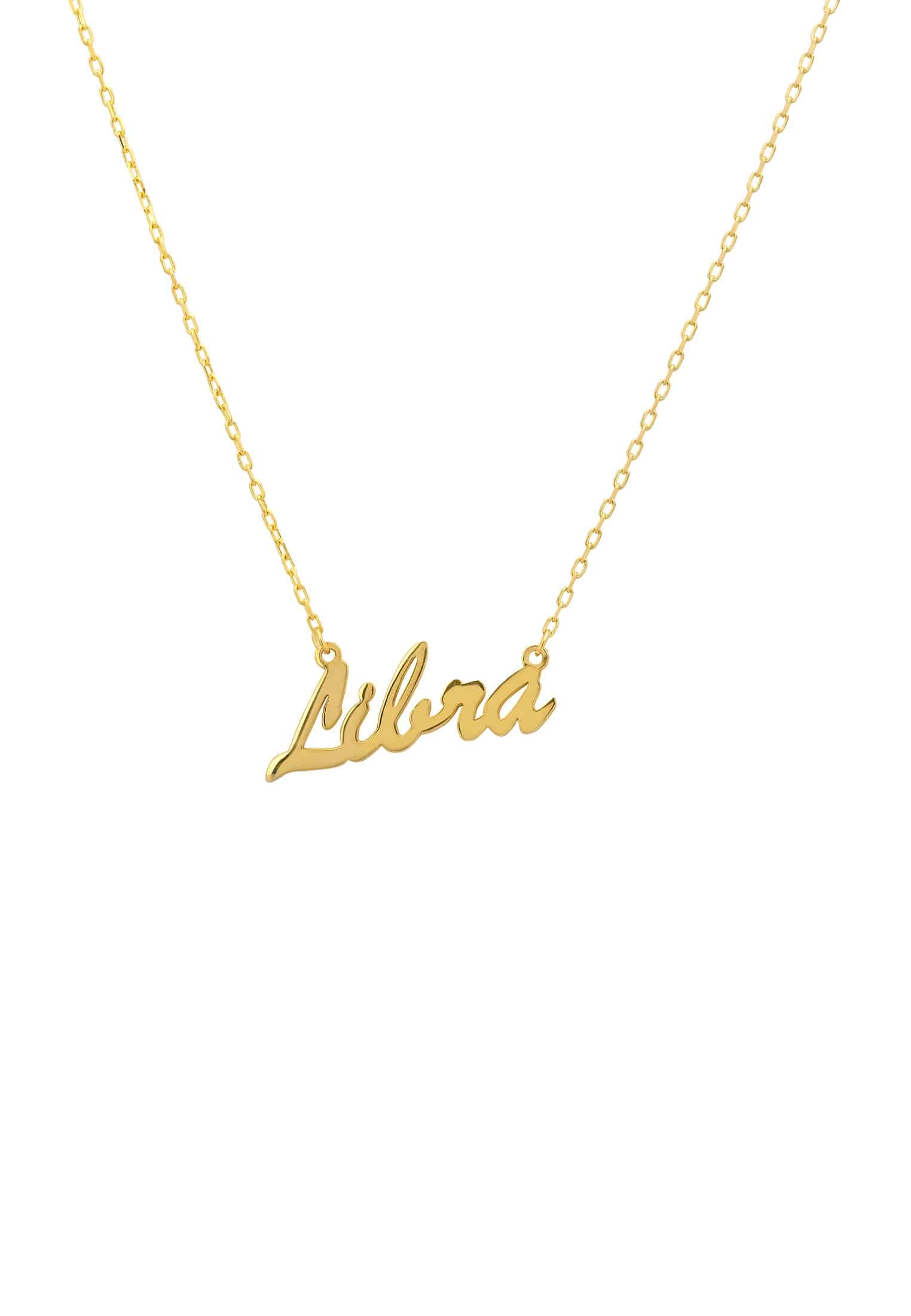 Gold Libra Zodiac Star Sign Name Necklace, crafted from 925 sterling silver and dipped in 22ct gold, featuring a delicate script design.