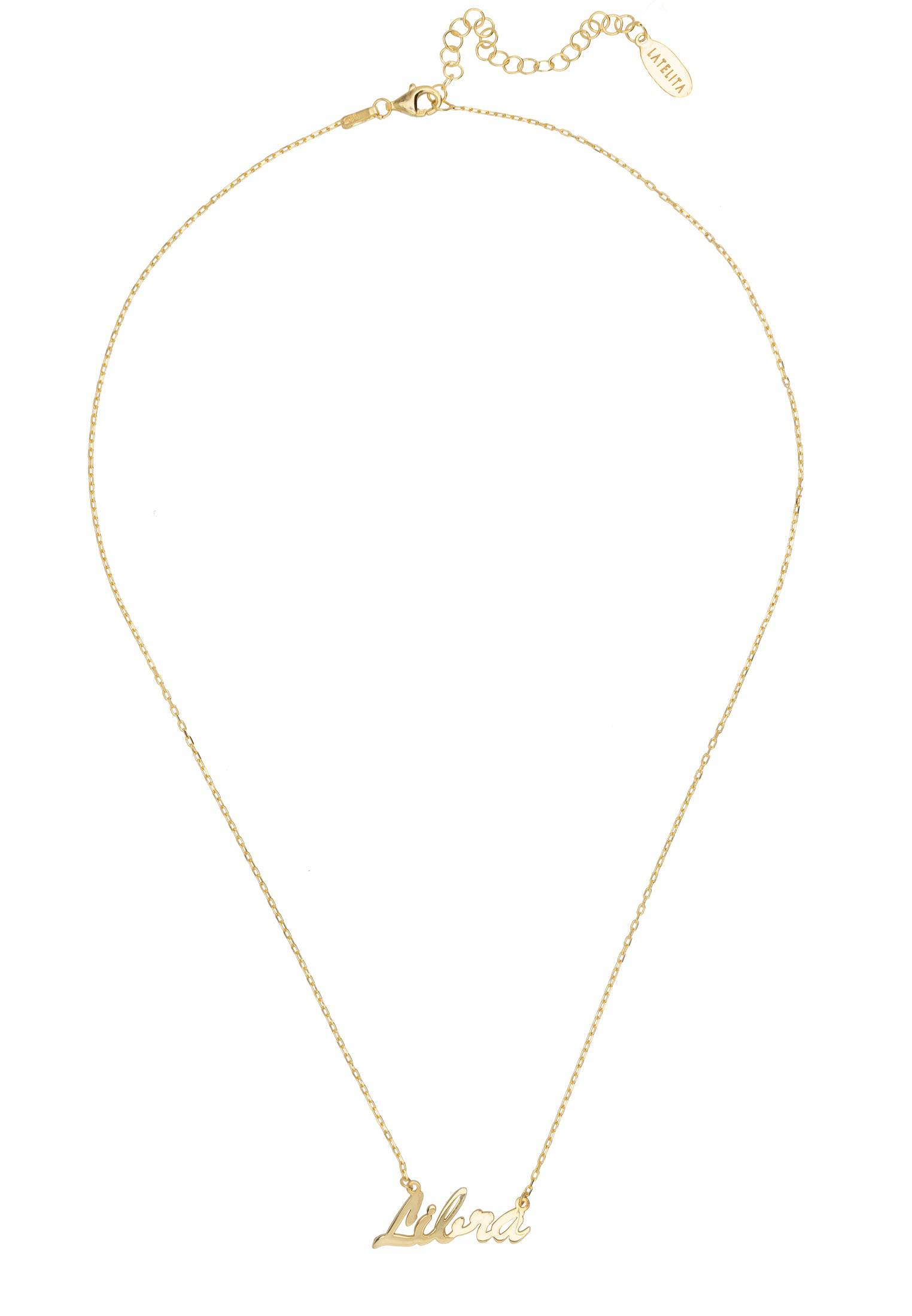 Gold Libra Zodiac Star Sign Name Necklace, crafted from 925 sterling silver and dipped in 22ct gold, featuring a delicate script design.